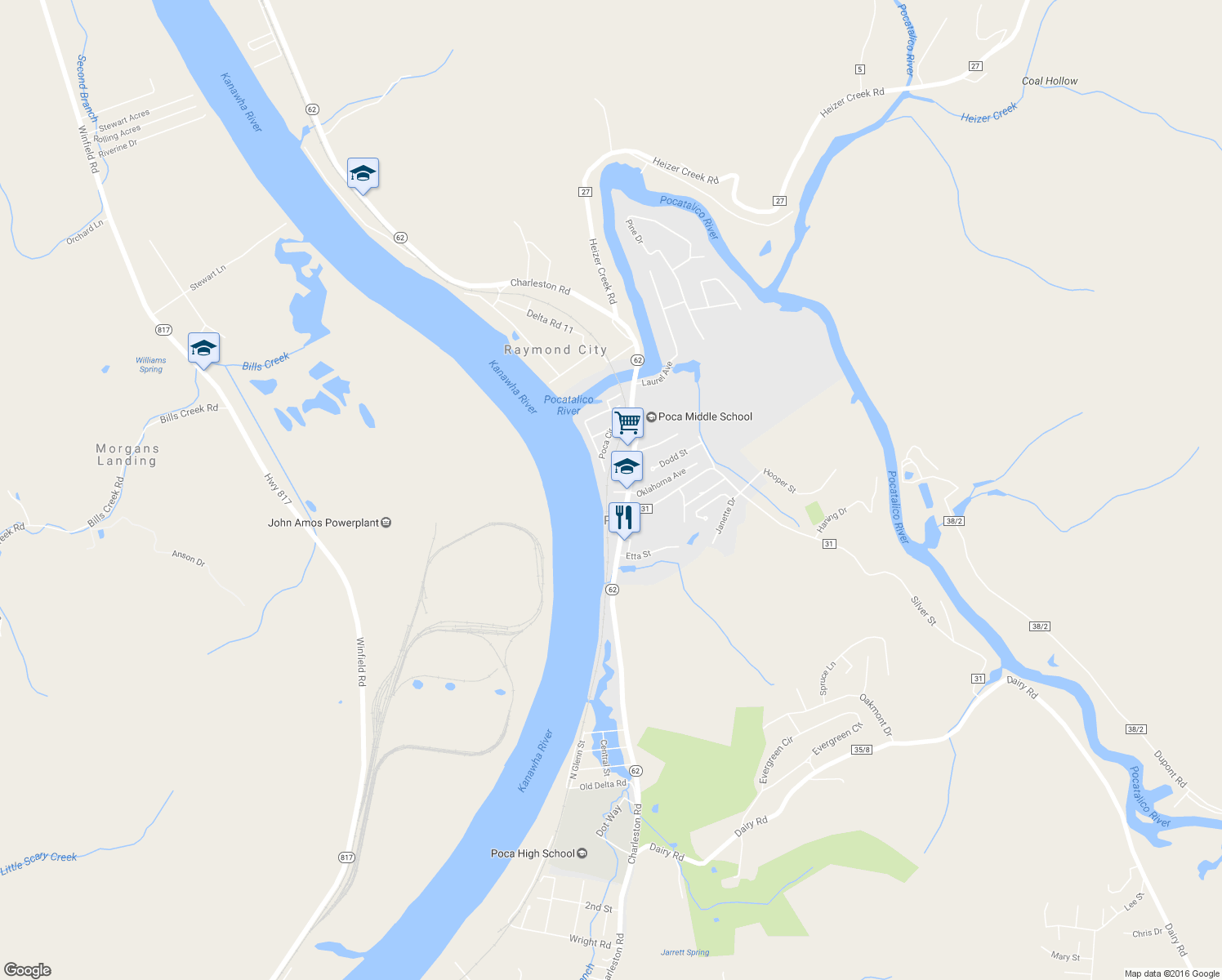 map of restaurants, bars, coffee shops, grocery stores, and more near 46 Alford St in Poca
