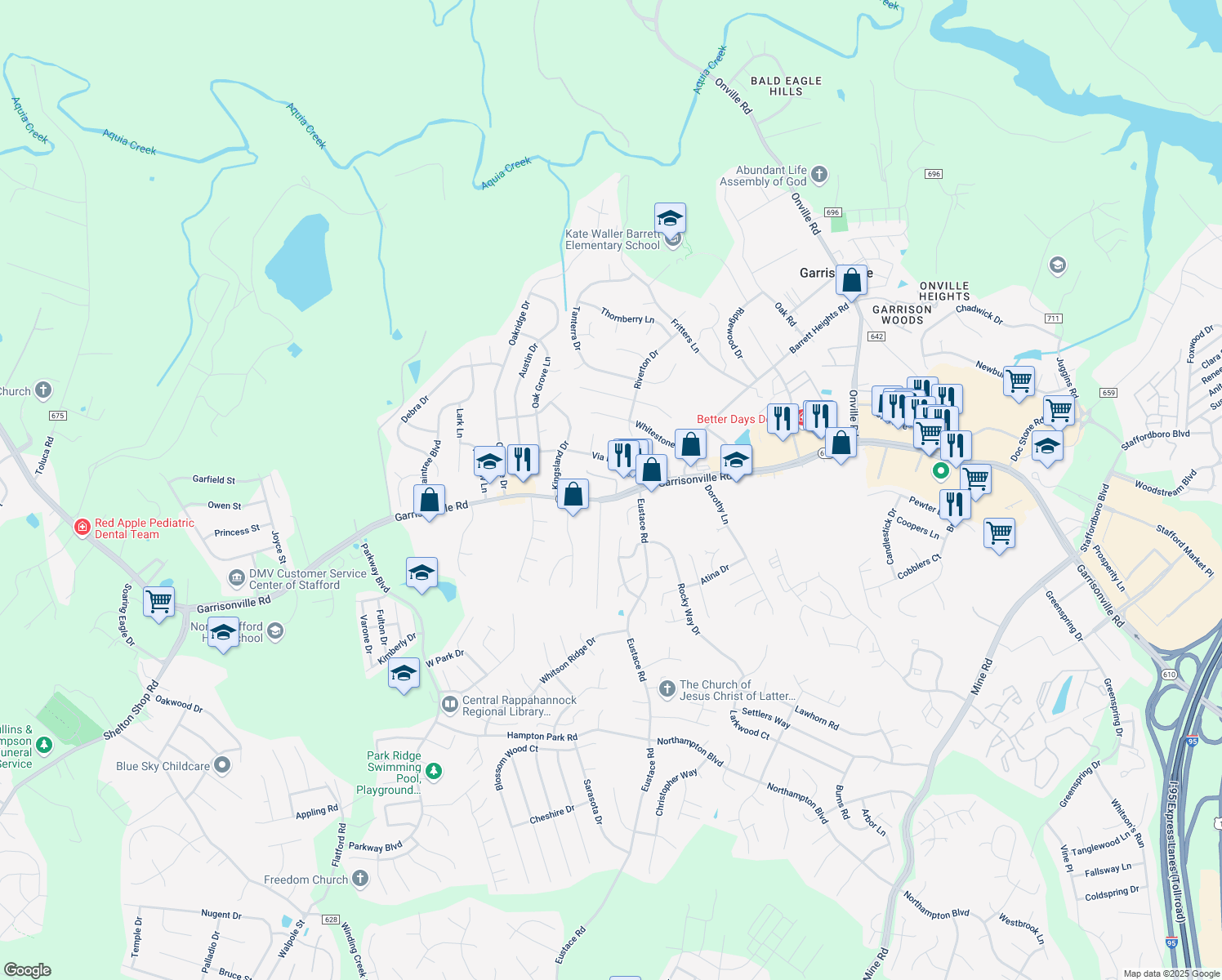 map of restaurants, bars, coffee shops, grocery stores, and more near 572 Garrisonville Road in Stafford