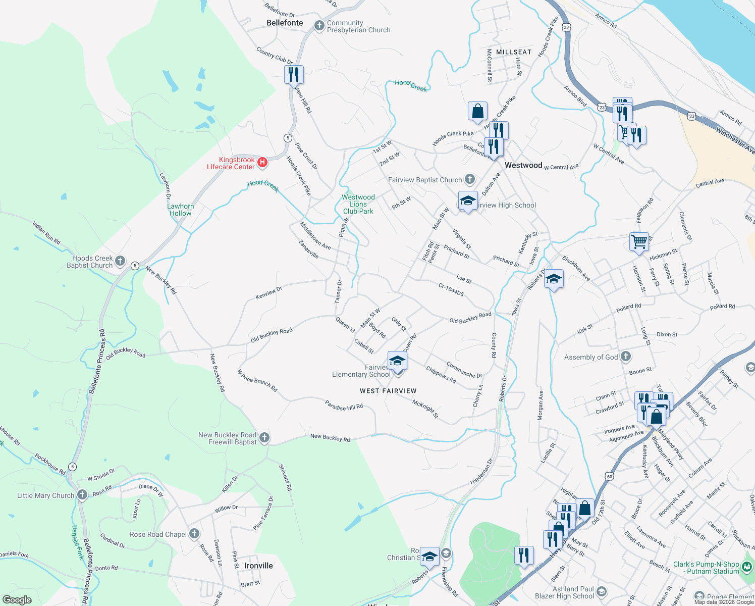 map of restaurants, bars, coffee shops, grocery stores, and more near 558 Morris Drive in Ashland
