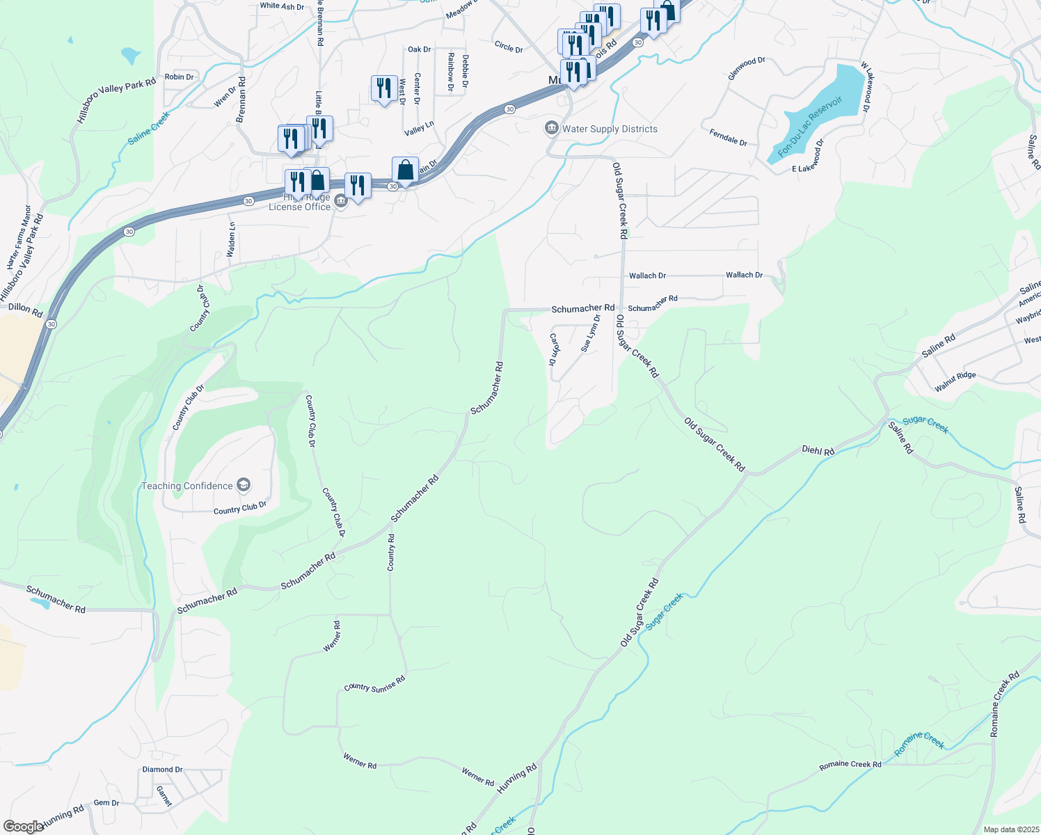 map of restaurants, bars, coffee shops, grocery stores, and more near 2533 Tricia Lane in High Ridge
