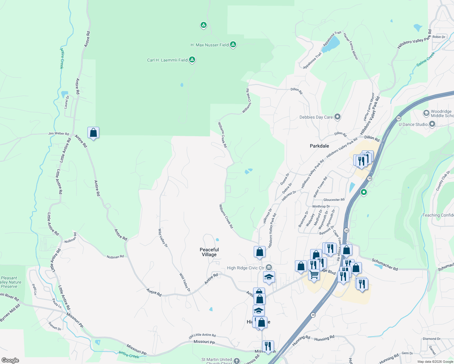 map of restaurants, bars, coffee shops, grocery stores, and more near 5821 Stieren Drive in High Ridge