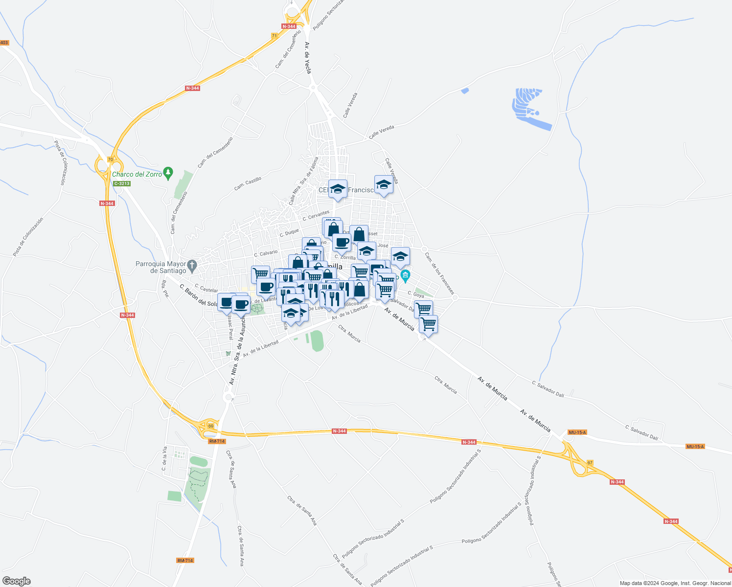 map of restaurants, bars, coffee shops, grocery stores, and more near 29 Avenida de Murcia in Jumilla