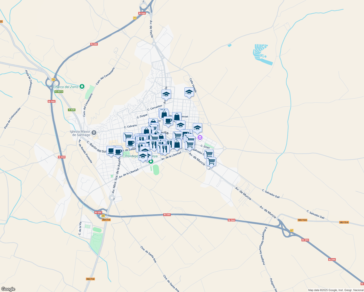 map of restaurants, bars, coffee shops, grocery stores, and more near 29-31 Avenida de Murcia in Jumilla