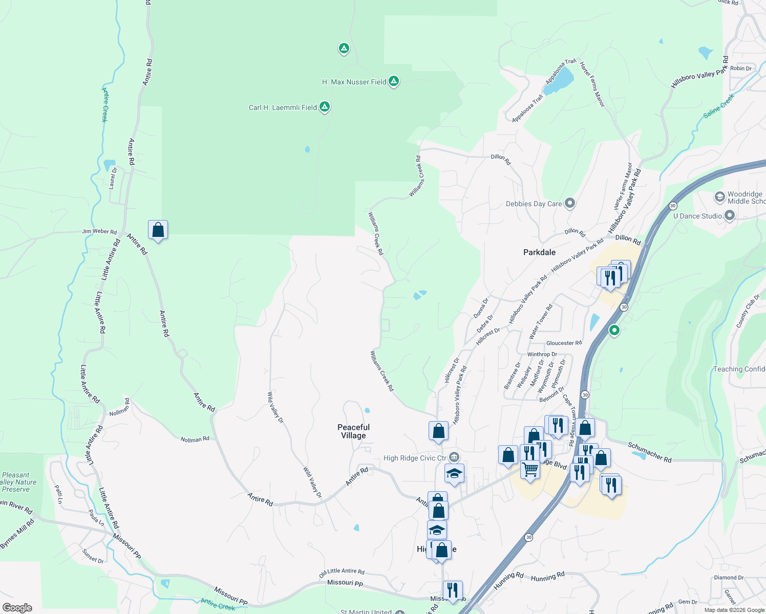 map of restaurants, bars, coffee shops, grocery stores, and more near 5821 Stieren Drive in High Ridge