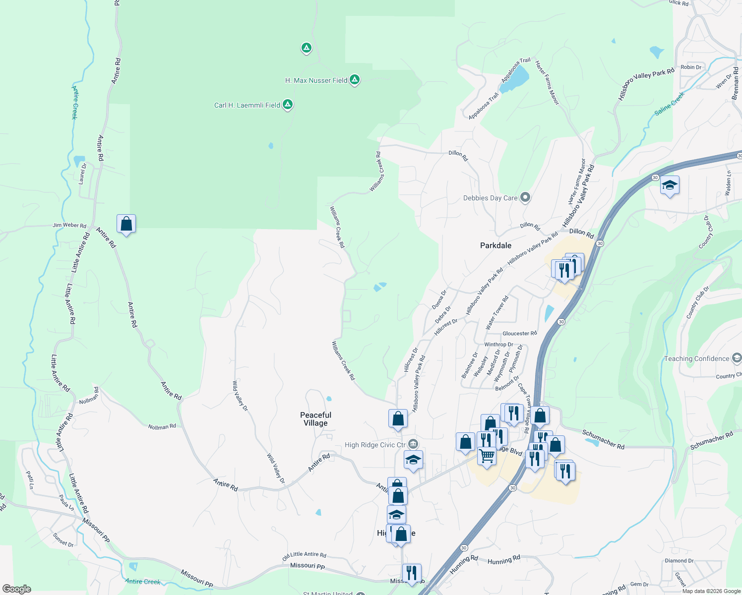 map of restaurants, bars, coffee shops, grocery stores, and more near 5812 Stieren Court in High Ridge