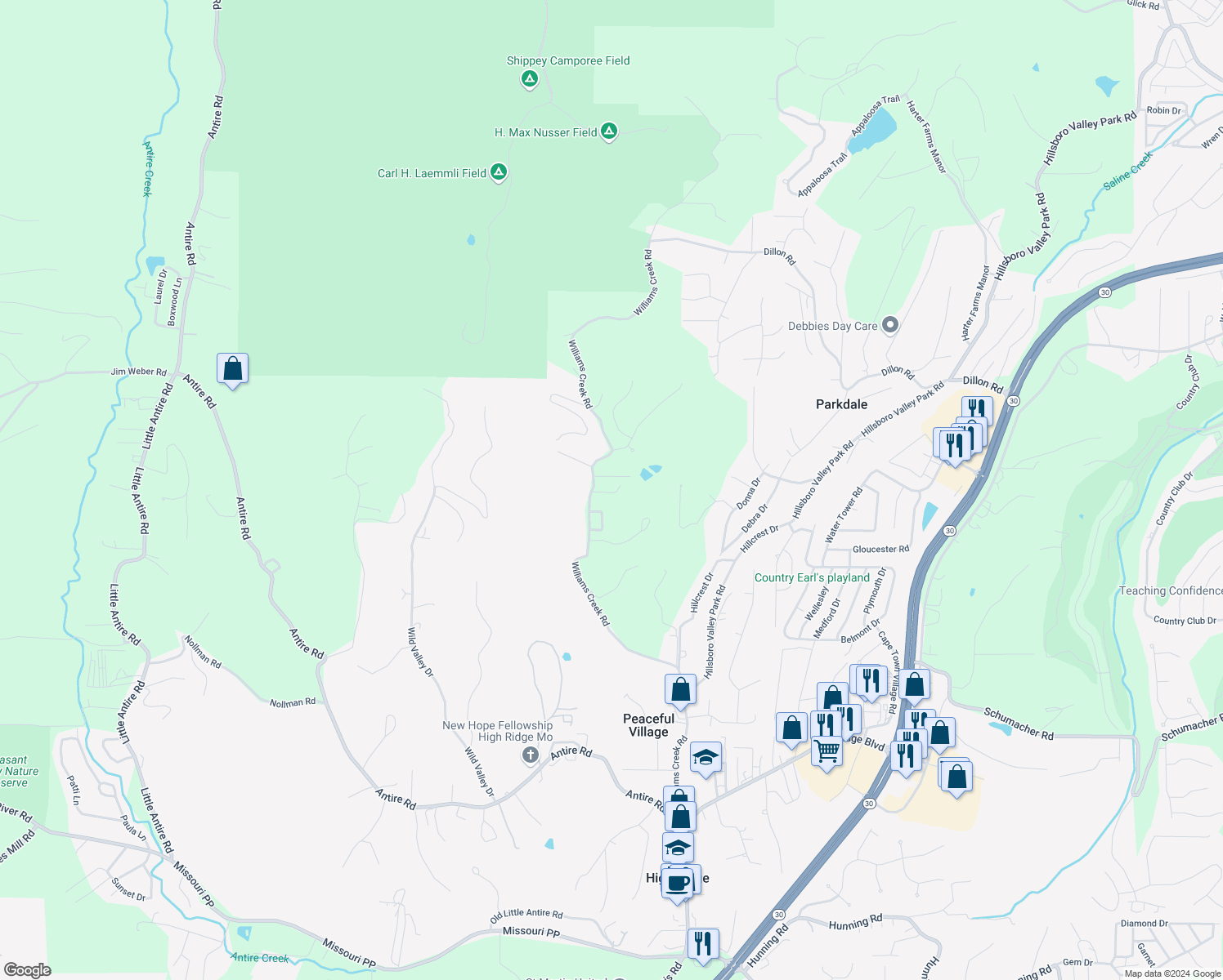 map of restaurants, bars, coffee shops, grocery stores, and more near 2404 Williams Creek Road in High Ridge