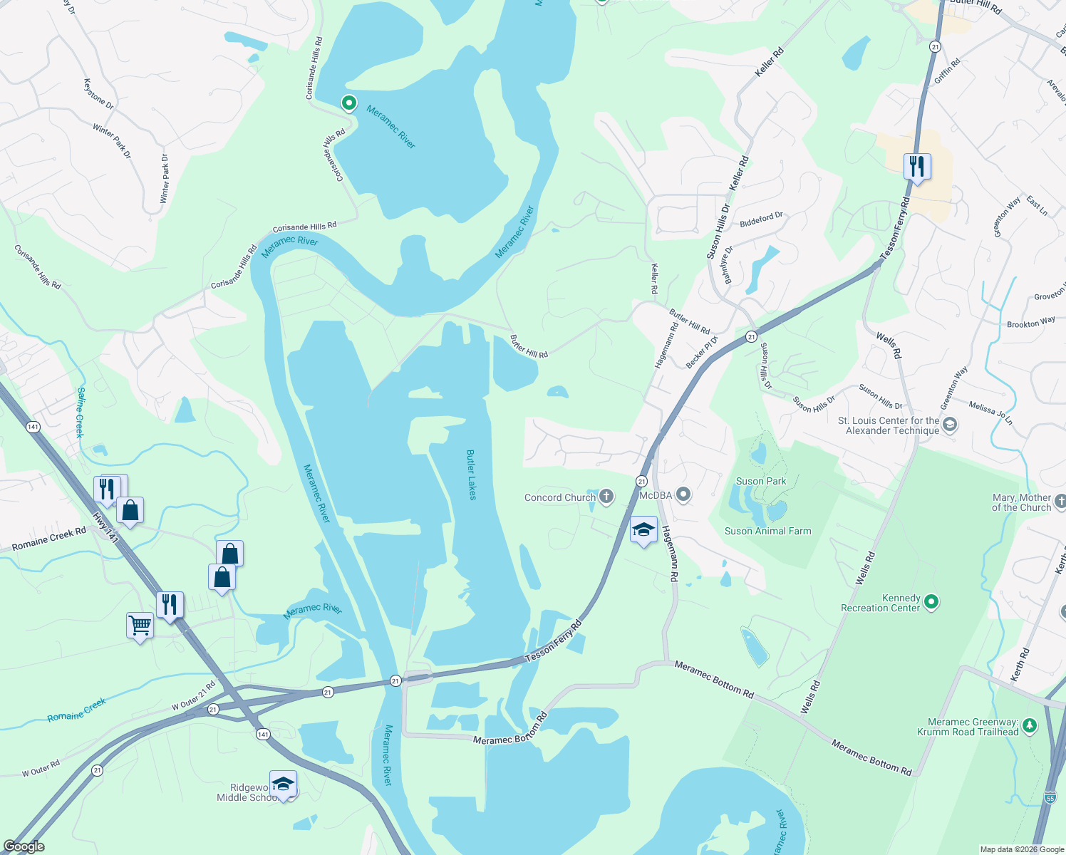 map of restaurants, bars, coffee shops, grocery stores, and more near 5634 Duchesne Parque Drive in St. Louis