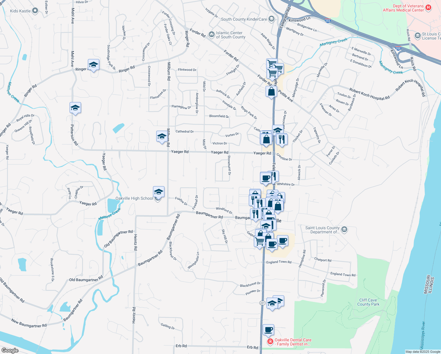 map of restaurants, bars, coffee shops, grocery stores, and more near 5491 Bradbury Drive in St. Louis