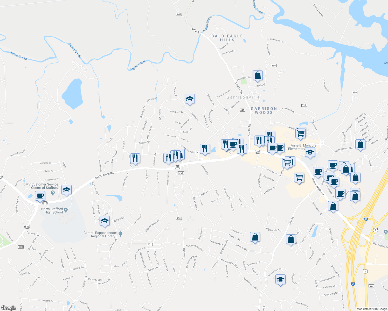 map of restaurants, bars, coffee shops, grocery stores, and more near 32 Riverton Drive in Stafford