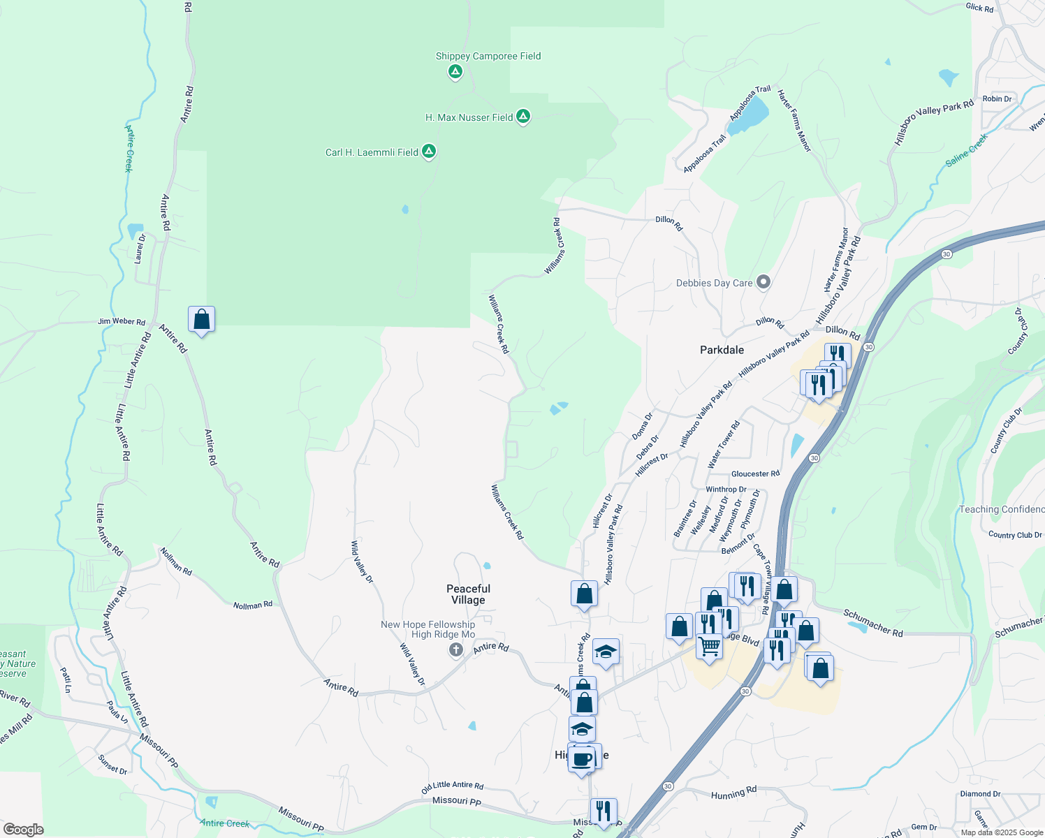 map of restaurants, bars, coffee shops, grocery stores, and more near 2404 Williams Creek Road in High Ridge