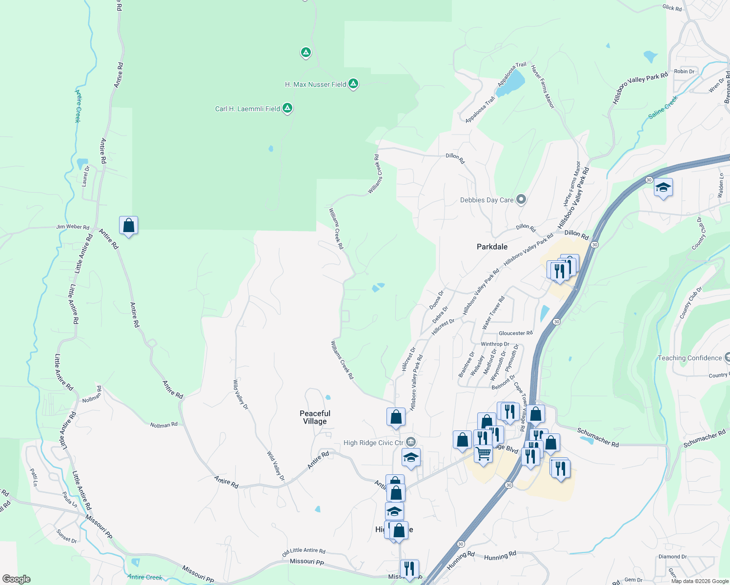 map of restaurants, bars, coffee shops, grocery stores, and more near 5812 Stieren Court in High Ridge