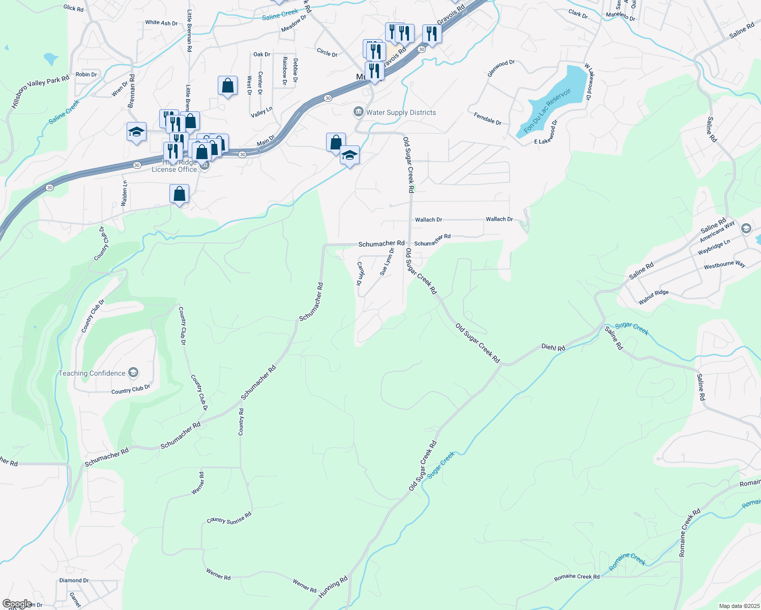 map of restaurants, bars, coffee shops, grocery stores, and more near 4116 Kimberly Court in High Ridge