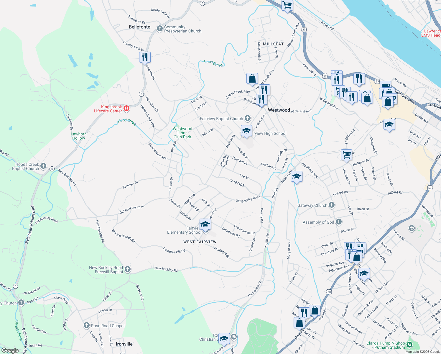 map of restaurants, bars, coffee shops, grocery stores, and more near 699 Westview Dr in Ashland