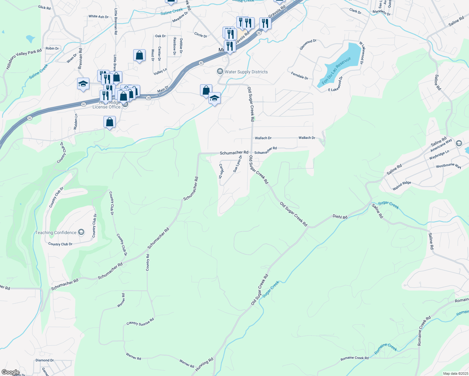 map of restaurants, bars, coffee shops, grocery stores, and more near 4116 Kimberly Court in High Ridge