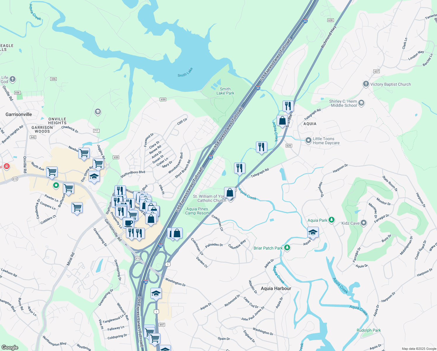 map of restaurants, bars, coffee shops, grocery stores, and more near 202 Windjammer Court in Stafford