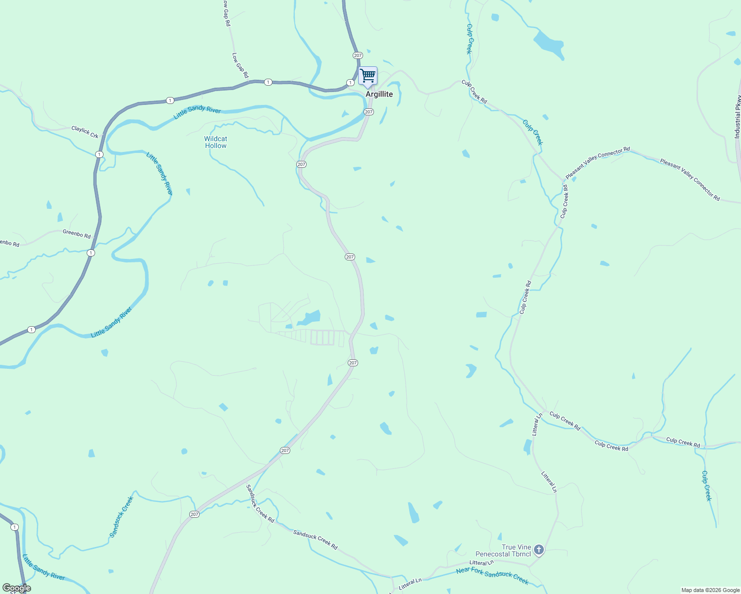 map of restaurants, bars, coffee shops, grocery stores, and more near Kentucky 207 in Argillite