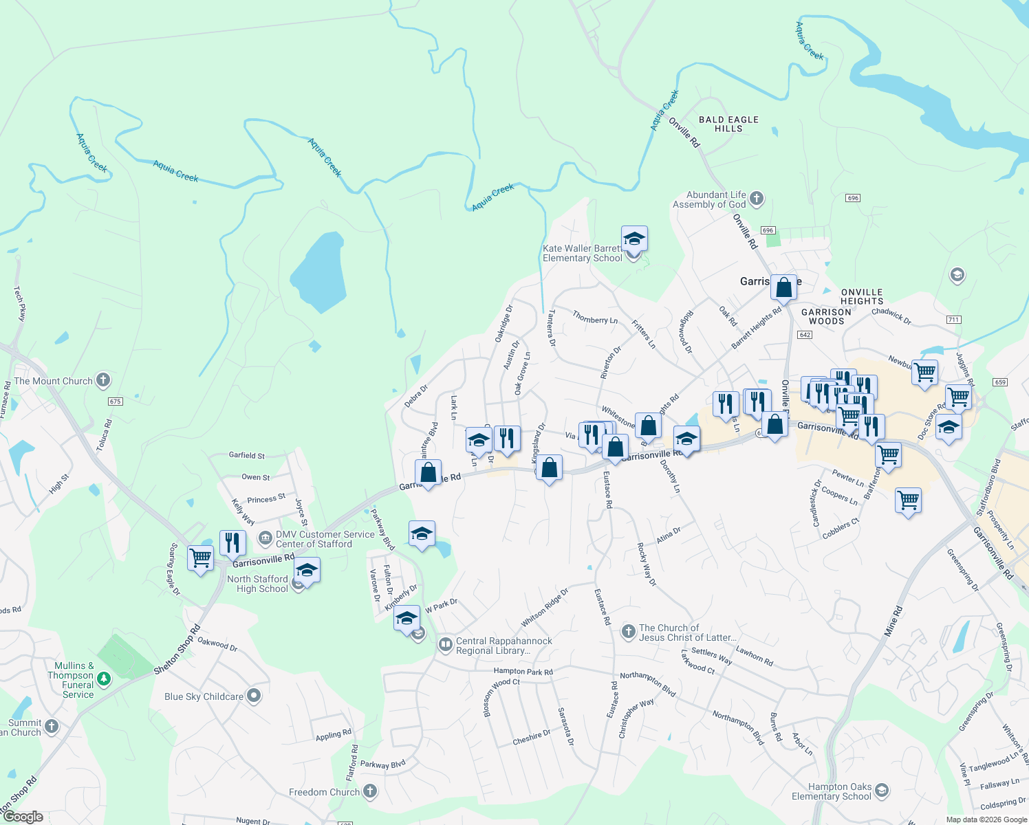 map of restaurants, bars, coffee shops, grocery stores, and more near 1 Archwood Circle in Stafford