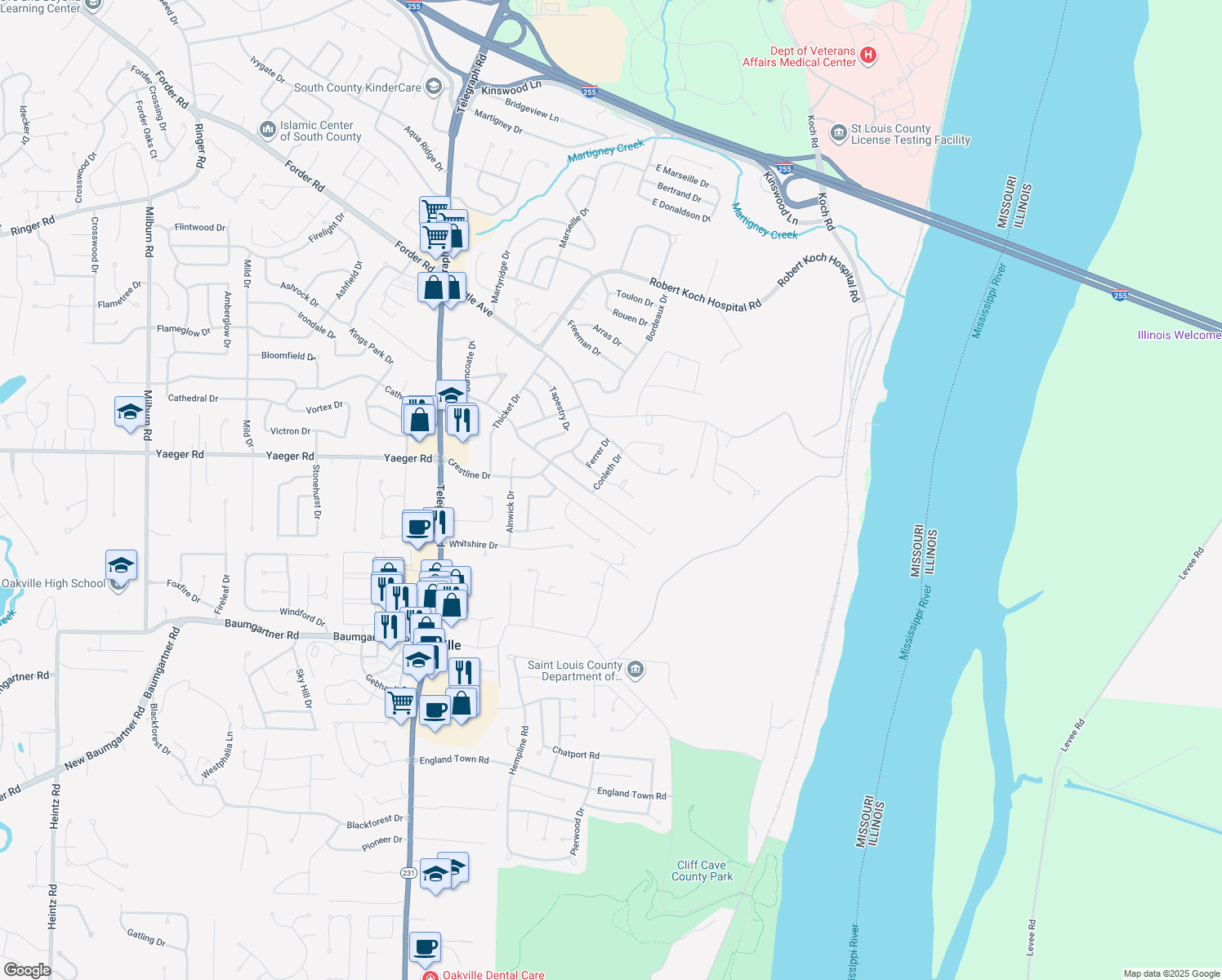map of restaurants, bars, coffee shops, grocery stores, and more near 410 Rockview Drive in St. Louis