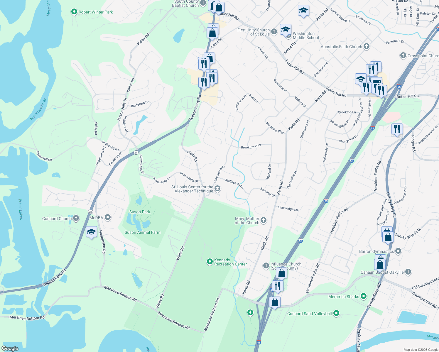 map of restaurants, bars, coffee shops, grocery stores, and more near 5722 Greenton Way in St Louis