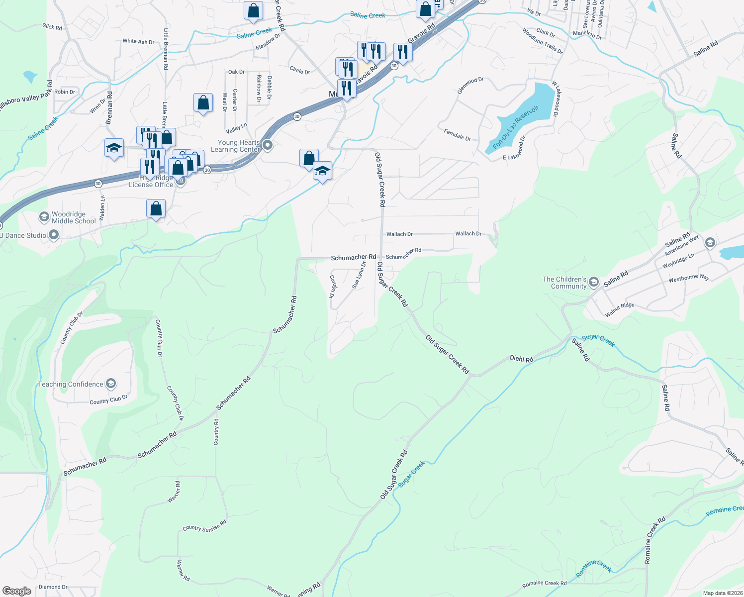 map of restaurants, bars, coffee shops, grocery stores, and more near 2357 Arkansas Drive in High Ridge