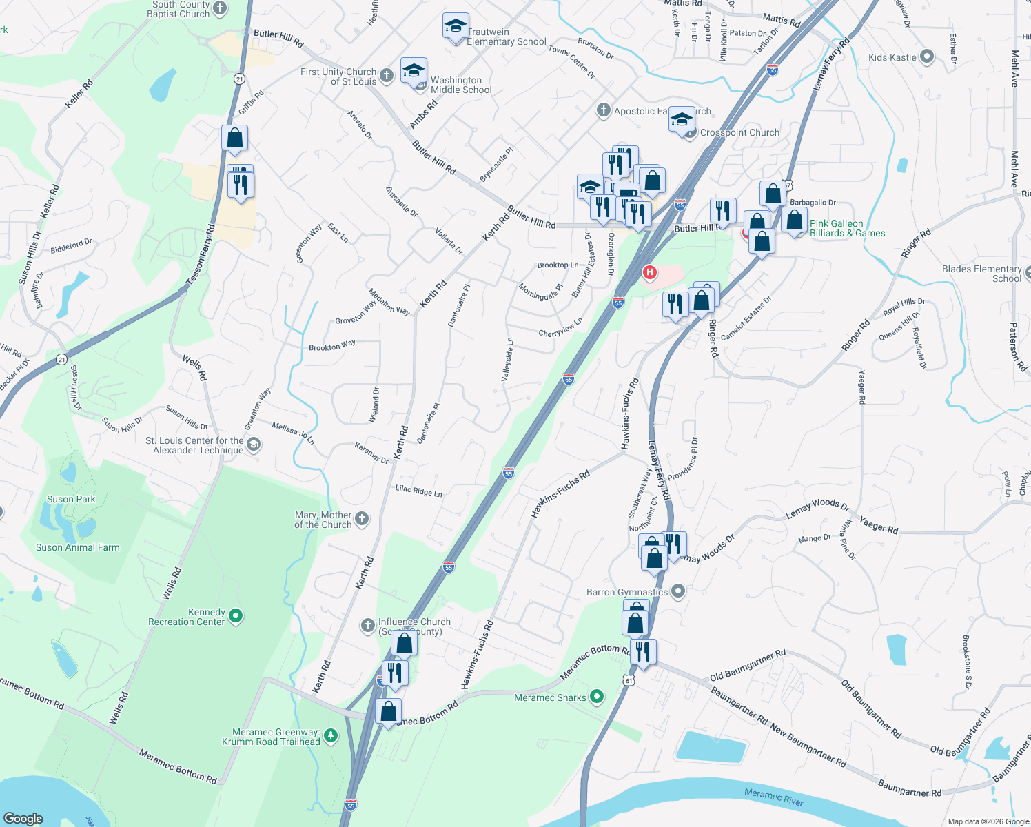 map of restaurants, bars, coffee shops, grocery stores, and more near 5632 Valleyside Ln in St Louis