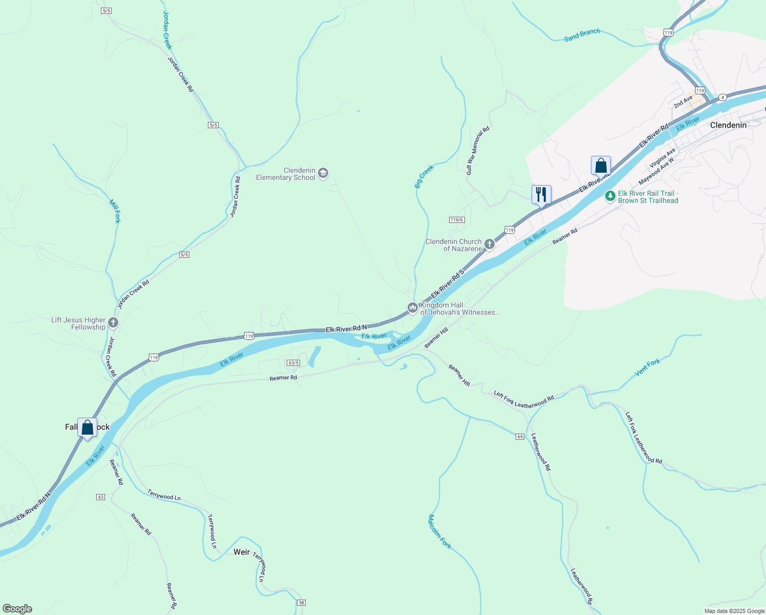 map of restaurants, bars, coffee shops, grocery stores, and more near 37 Ballenger Lane in Elkview