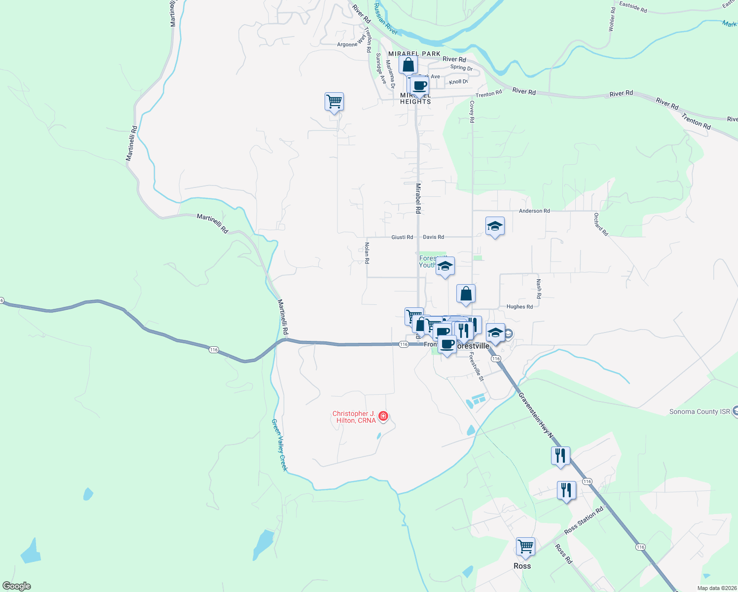 map of restaurants, bars, coffee shops, grocery stores, and more near 110 Nolan Court in Forestville