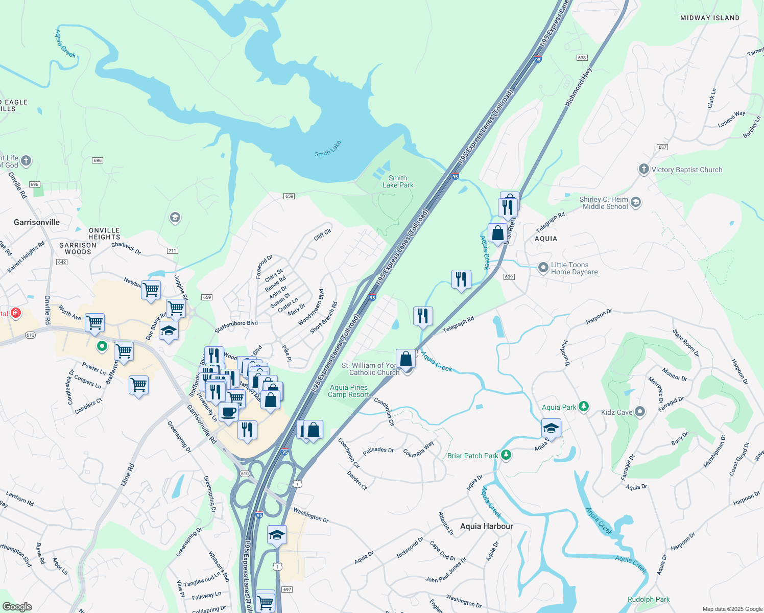 map of restaurants, bars, coffee shops, grocery stores, and more near 102 Clearwater Court in Stafford