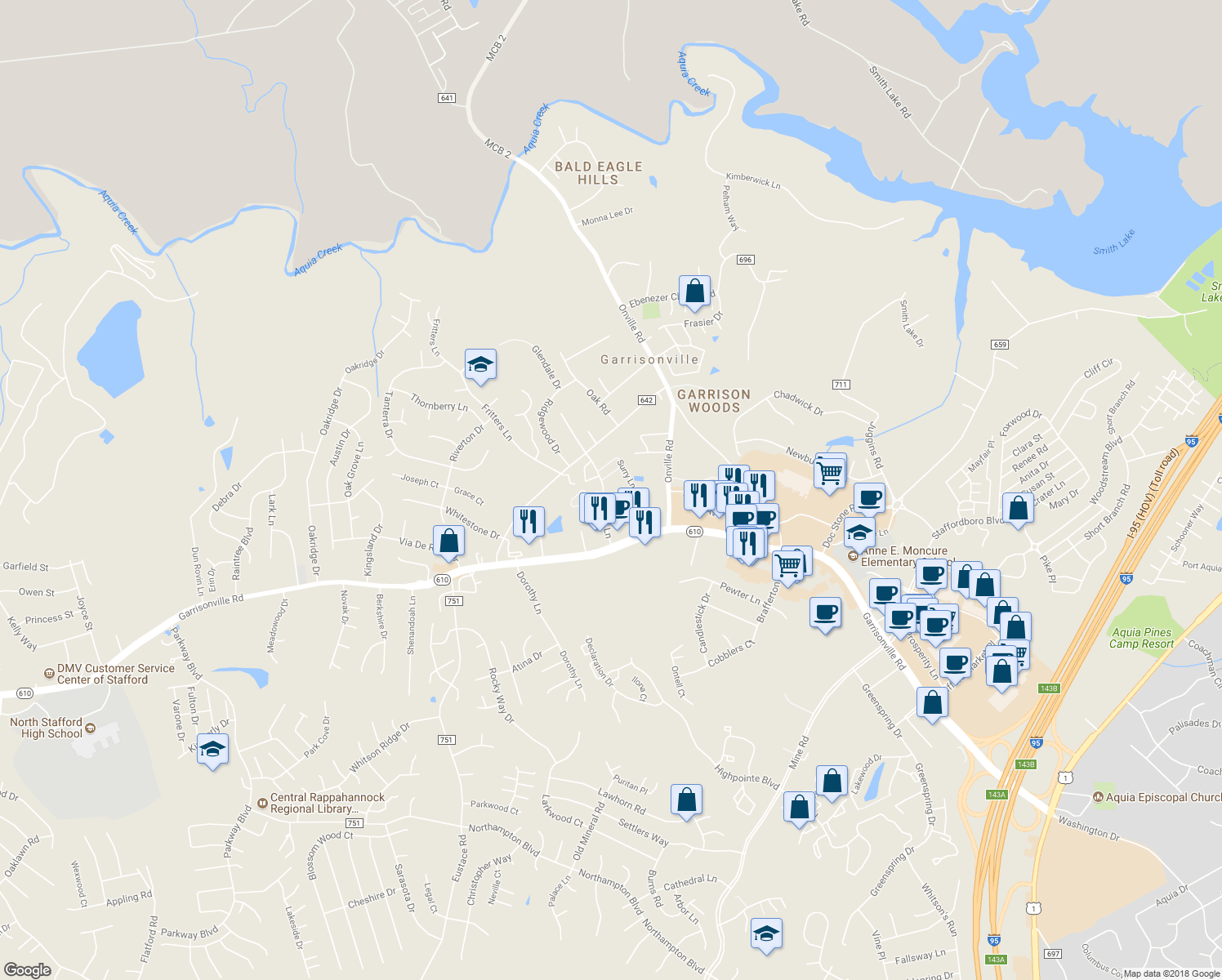 map of restaurants, bars, coffee shops, grocery stores, and more near 105 Surry Lane in Stafford