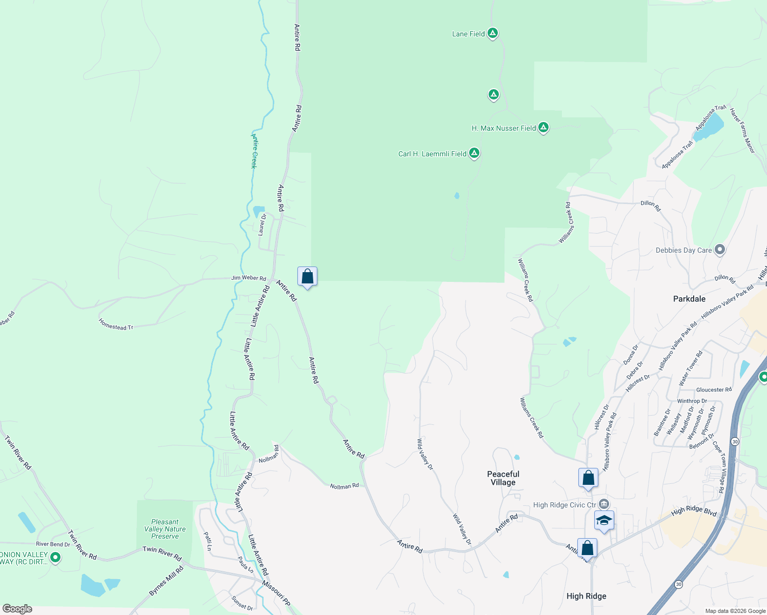 map of restaurants, bars, coffee shops, grocery stores, and more near 2371 Crestview Drive in High Ridge