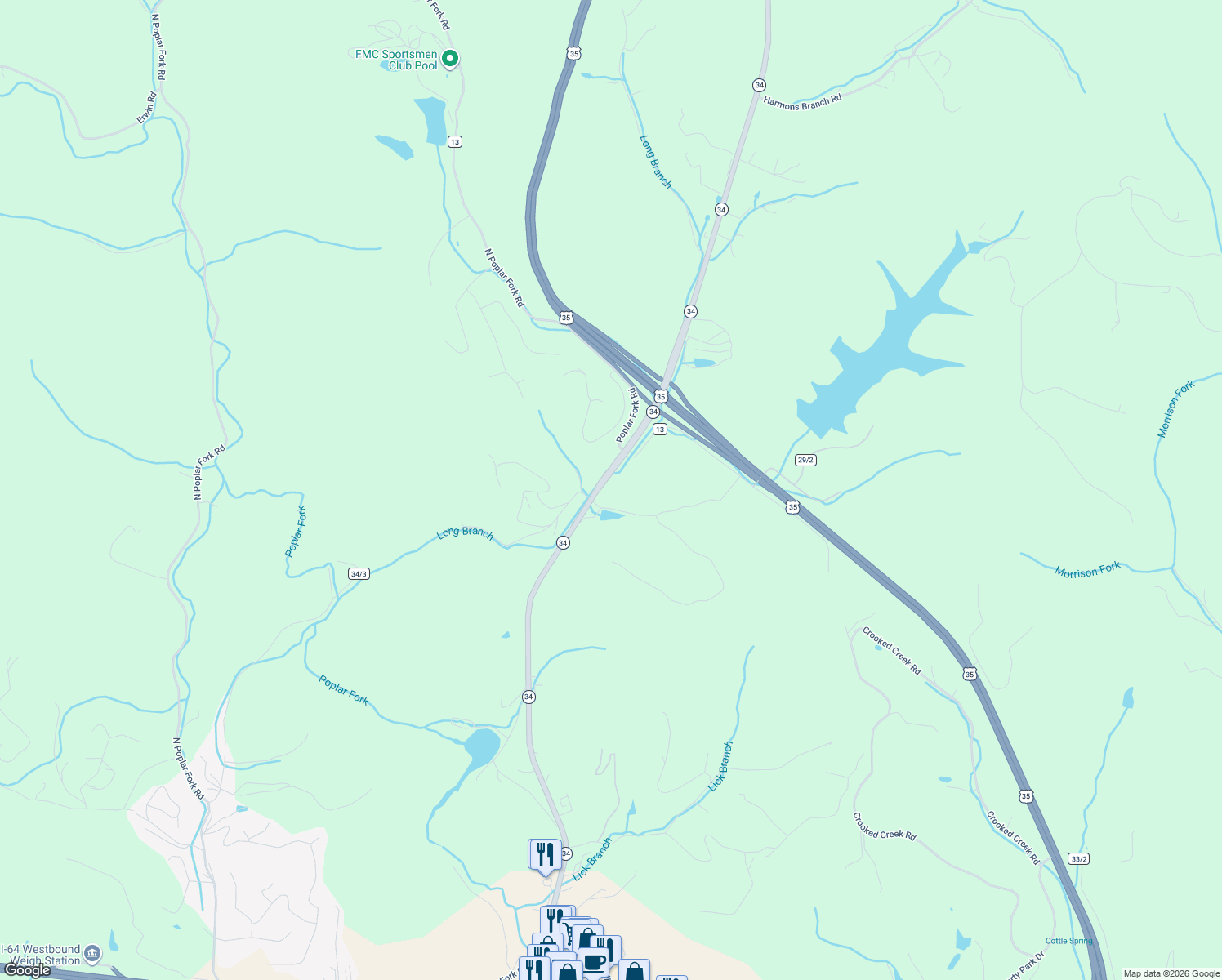 map of restaurants, bars, coffee shops, grocery stores, and more near 2274 West Virginia 34 in Winfield