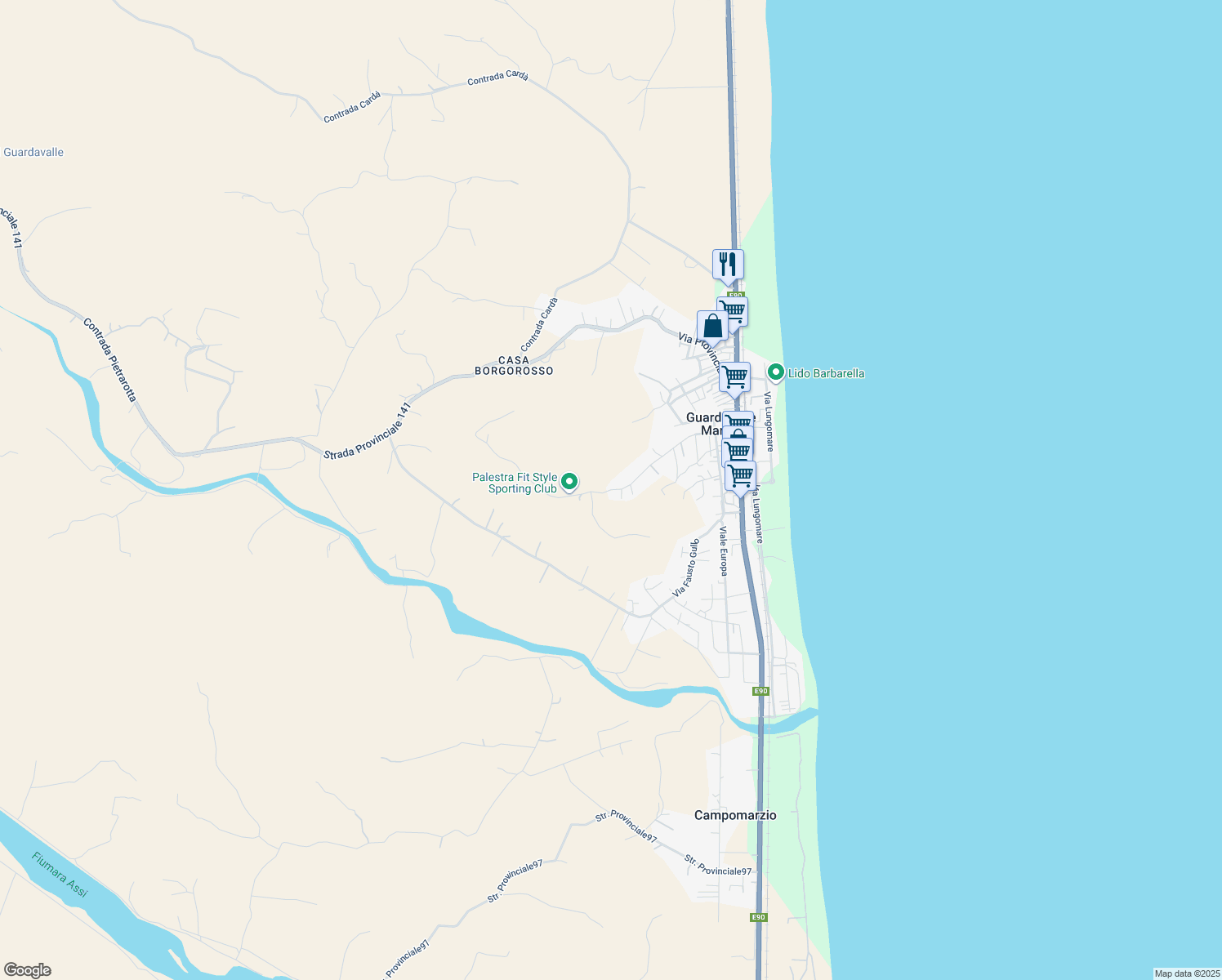 map of restaurants, bars, coffee shops, grocery stores, and more near Via Pietro Nenni in Guardavalle Marina