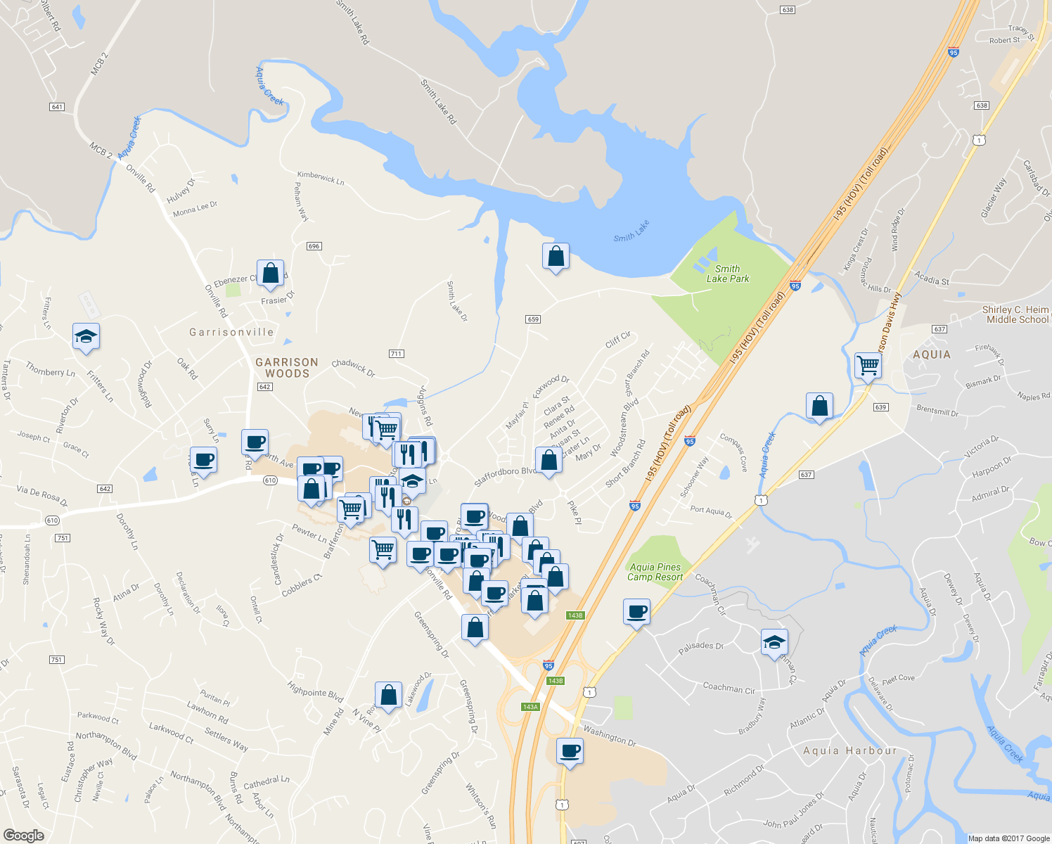 map of restaurants, bars, coffee shops, grocery stores, and more near 207 Wimbeldon Court in Stafford