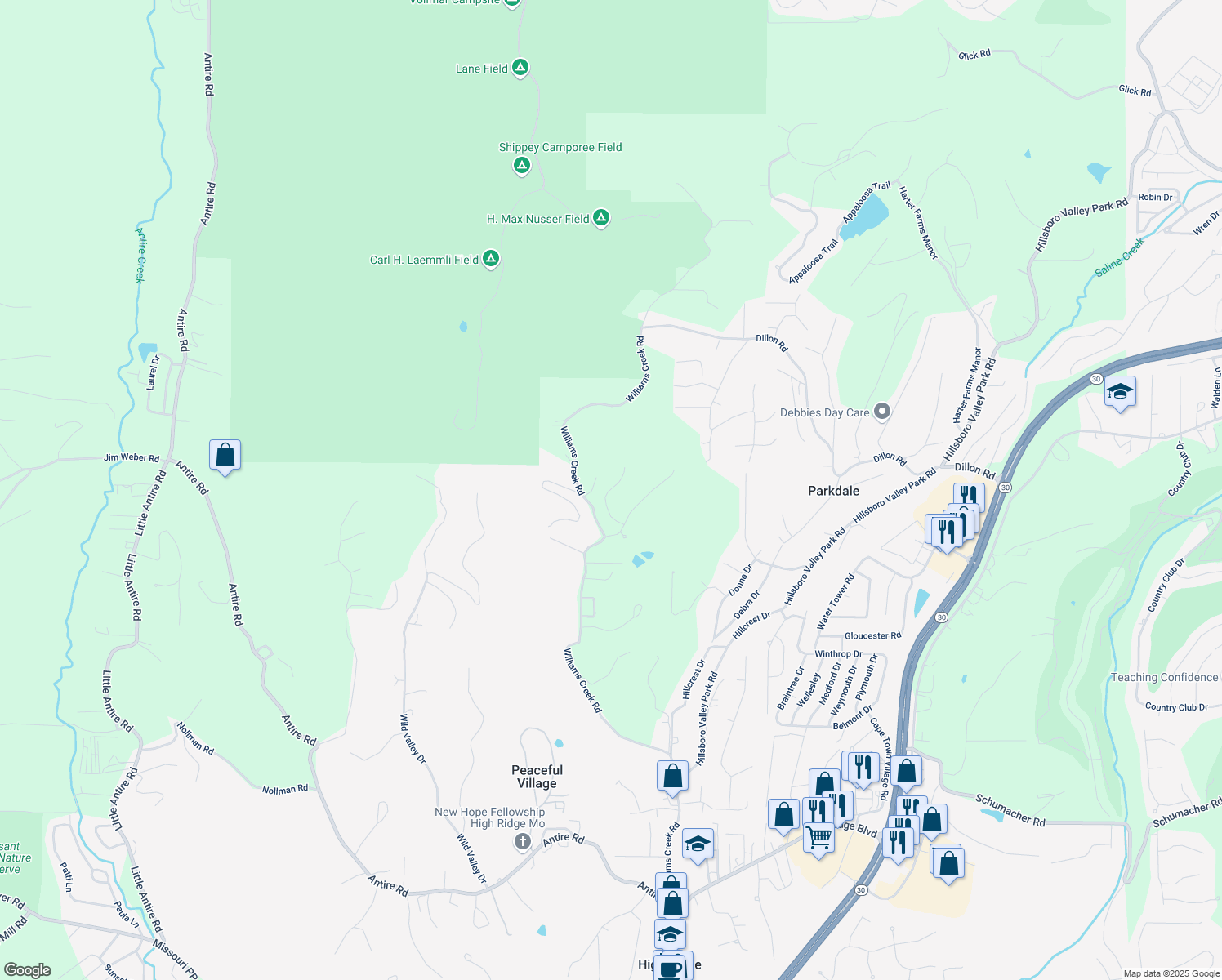 map of restaurants, bars, coffee shops, grocery stores, and more near 2322 Pebble Creek Drive in High Ridge