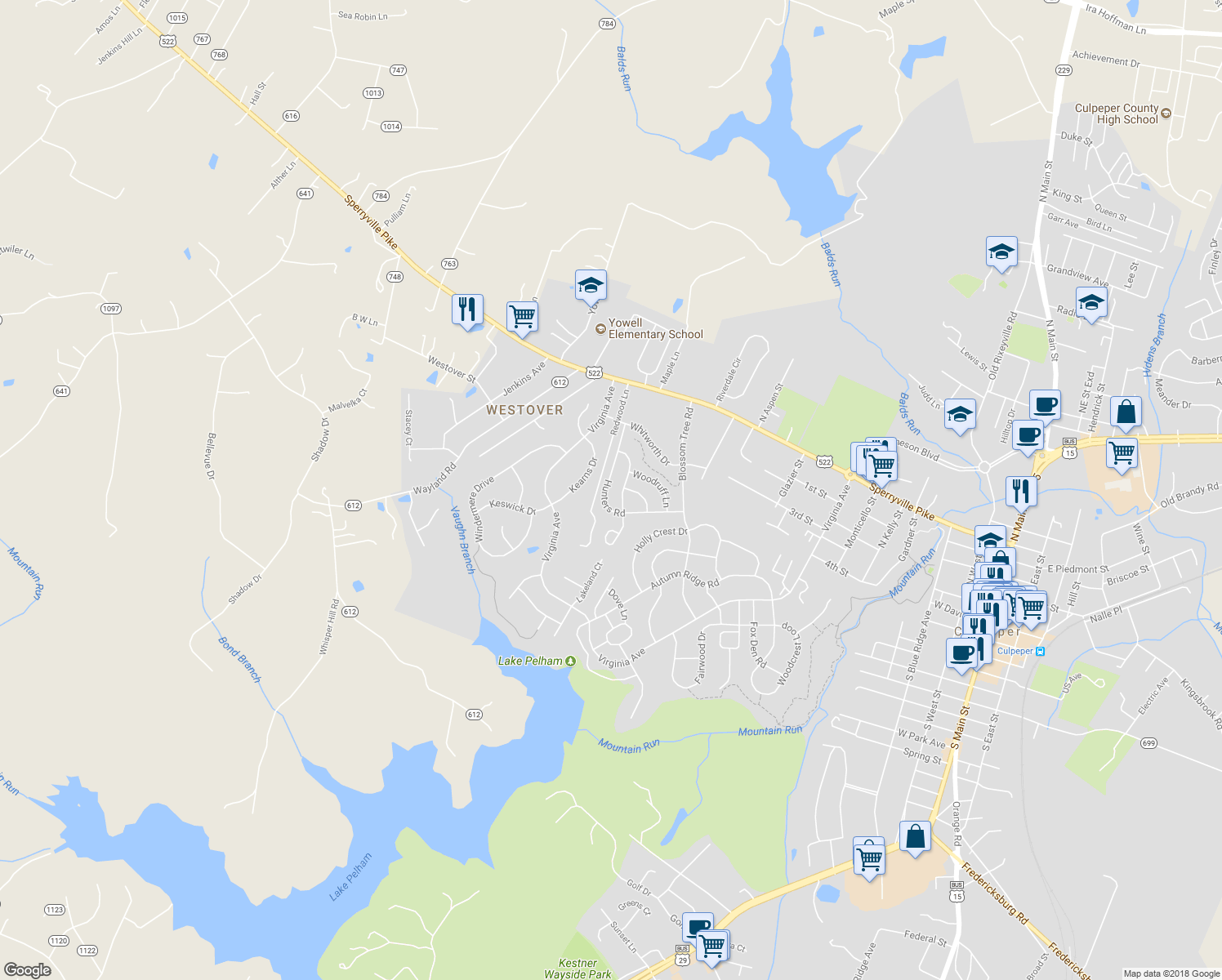 map of restaurants, bars, coffee shops, grocery stores, and more near 638 Hunters Road in Culpeper