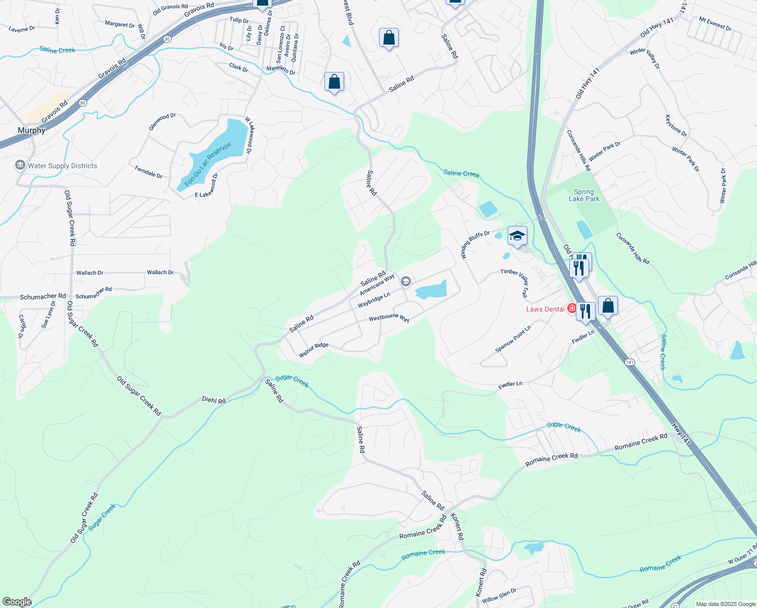 map of restaurants, bars, coffee shops, grocery stores, and more near 1927 Waybridge Lane in Fenton