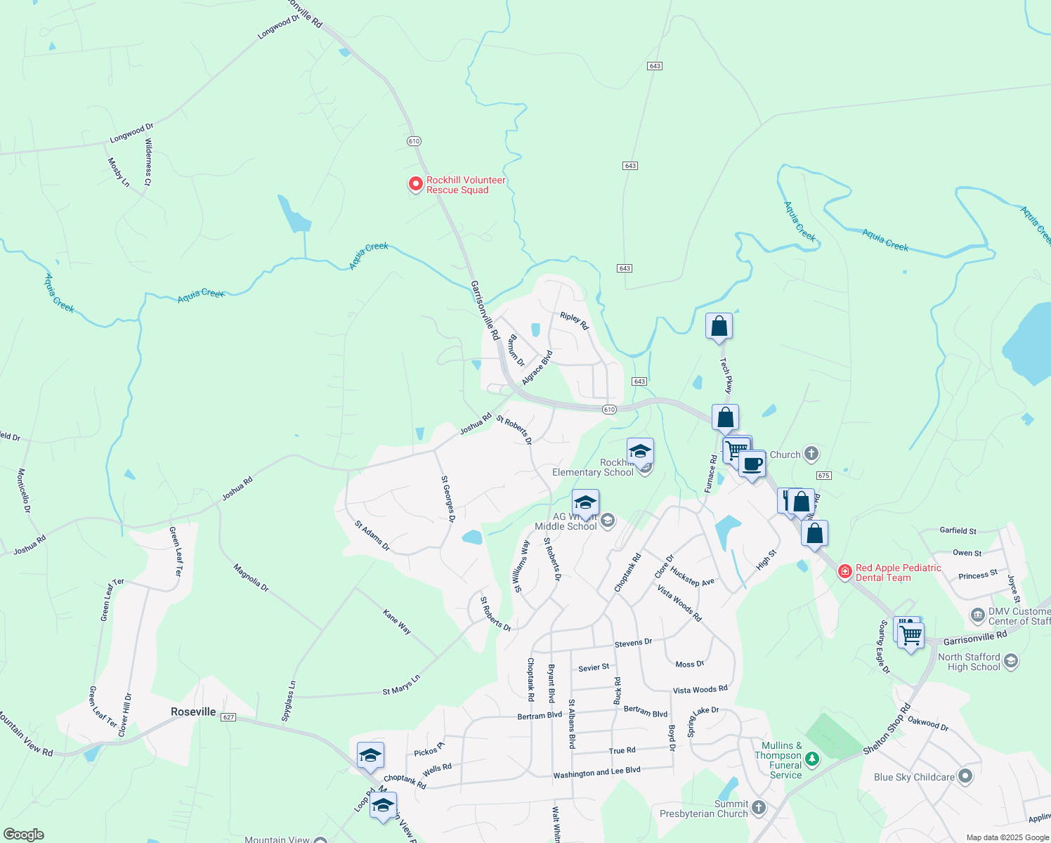 map of restaurants, bars, coffee shops, grocery stores, and more near 3 Saint Anthonys Court in Stafford