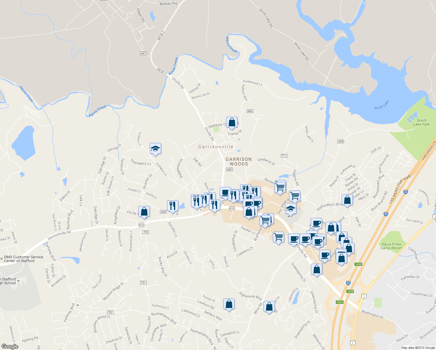 map of restaurants, bars, coffee shops, grocery stores, and more near 406 Mews Court in Stafford