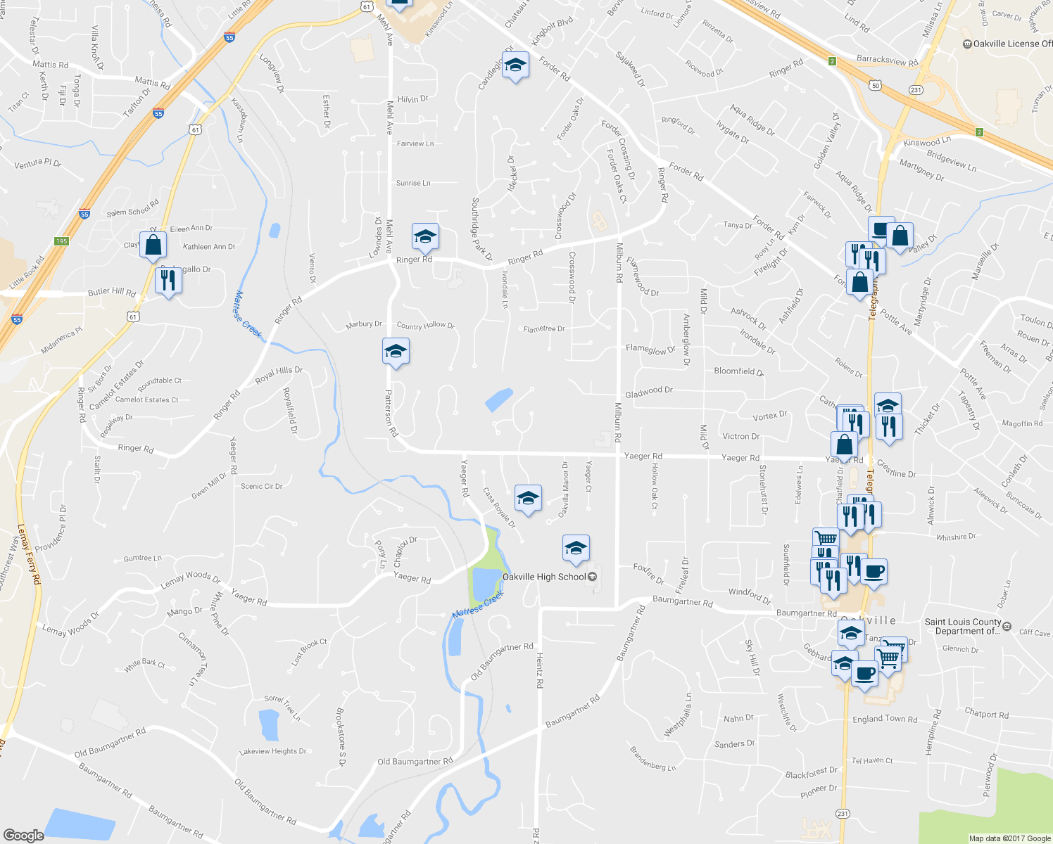 map of restaurants, bars, coffee shops, grocery stores, and more near 3025 Lakeview Park Drive in Saint Louis