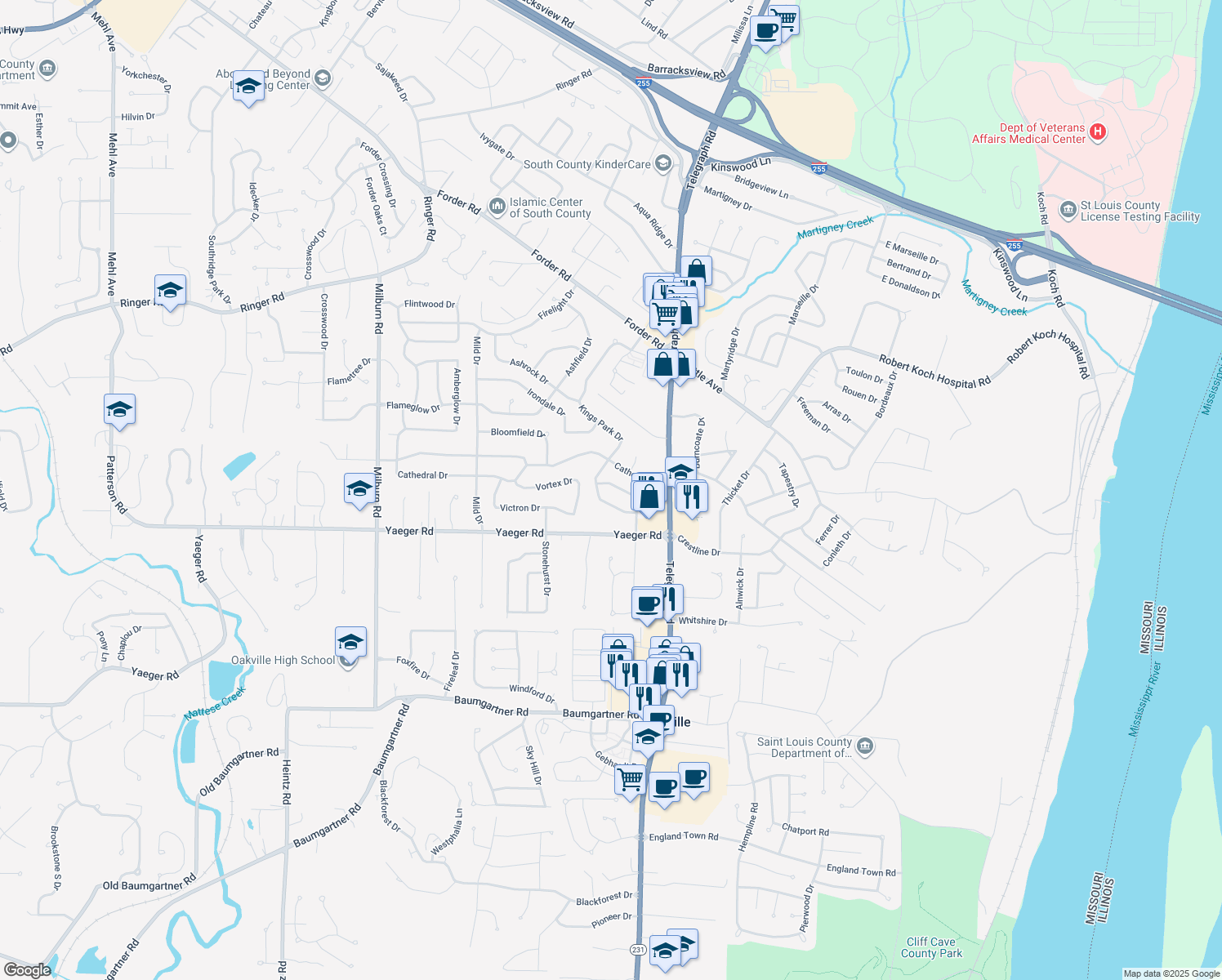 map of restaurants, bars, coffee shops, grocery stores, and more near 5321 Chatfield Drive in St. Louis