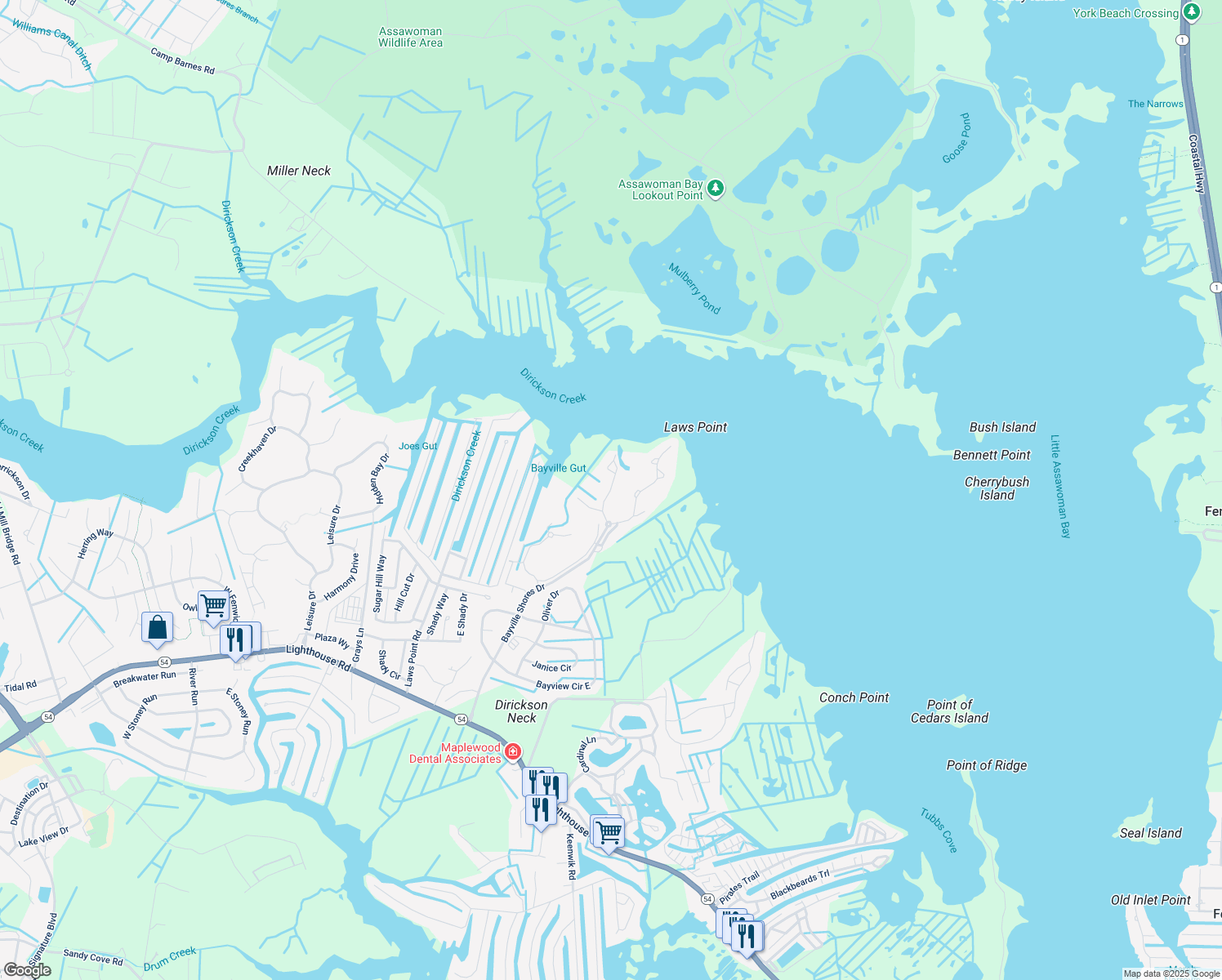 map of restaurants, bars, coffee shops, grocery stores, and more near 1188 Bay Vista Drive in Selbyville