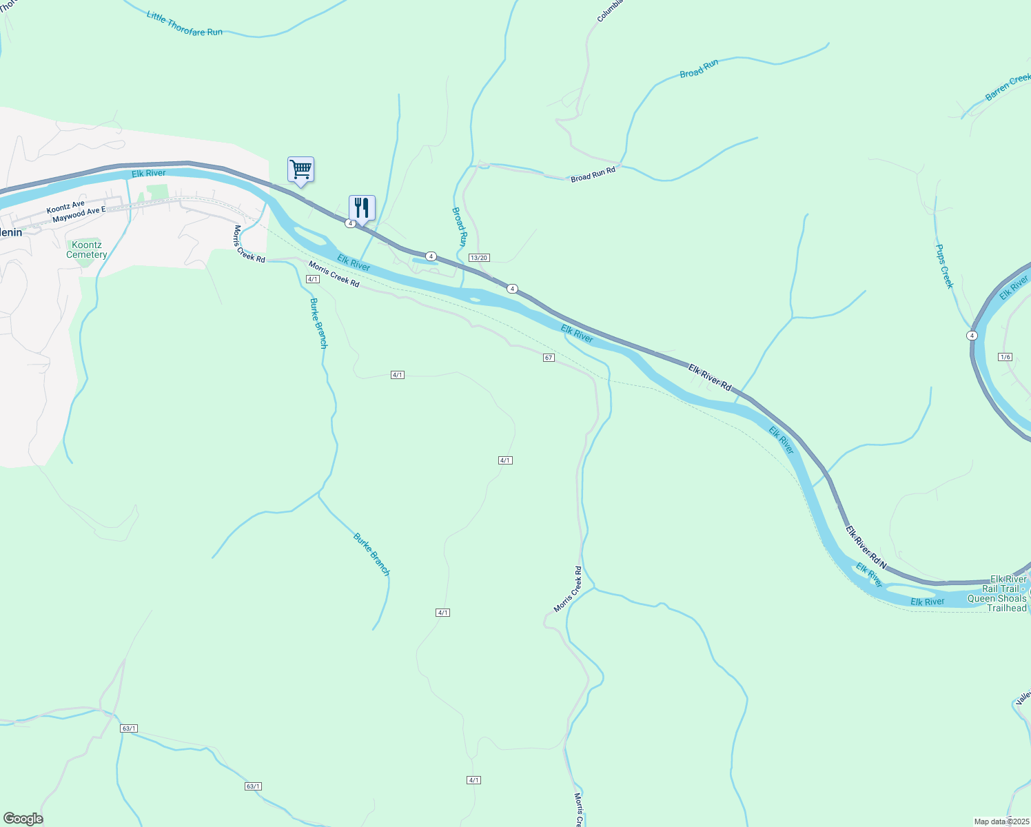 map of restaurants, bars, coffee shops, grocery stores, and more near 1045 Dry Ridge Road in Clendenin