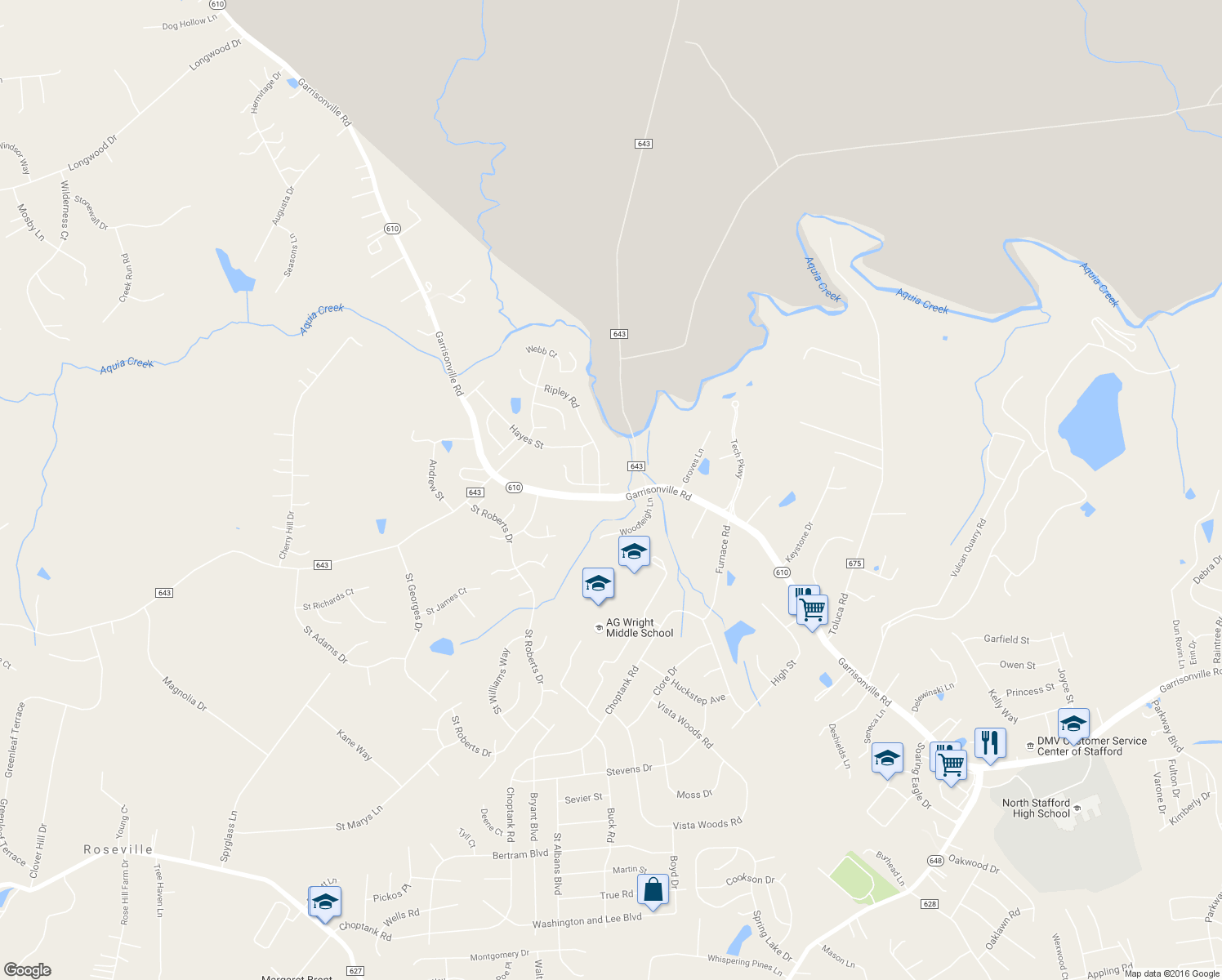 map of restaurants, bars, coffee shops, grocery stores, and more near 4 Daly Court in Stafford