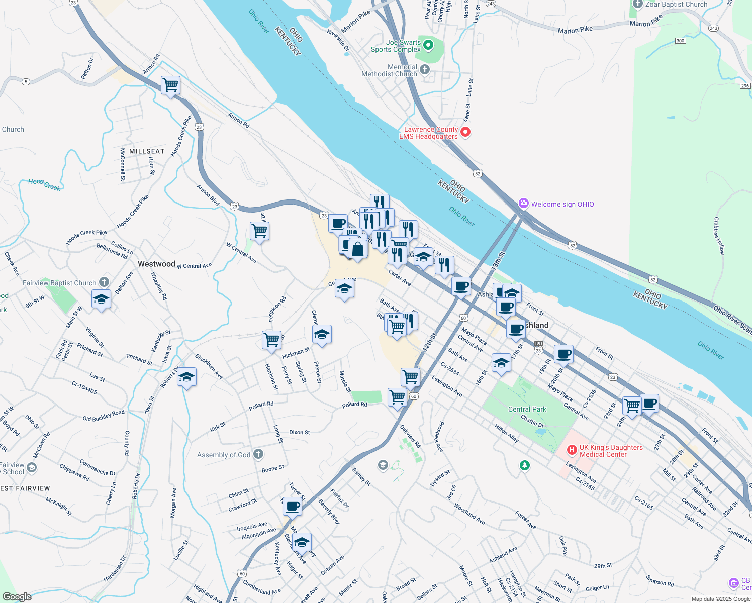 map of restaurants, bars, coffee shops, grocery stores, and more near 599 8th Street in Ashland