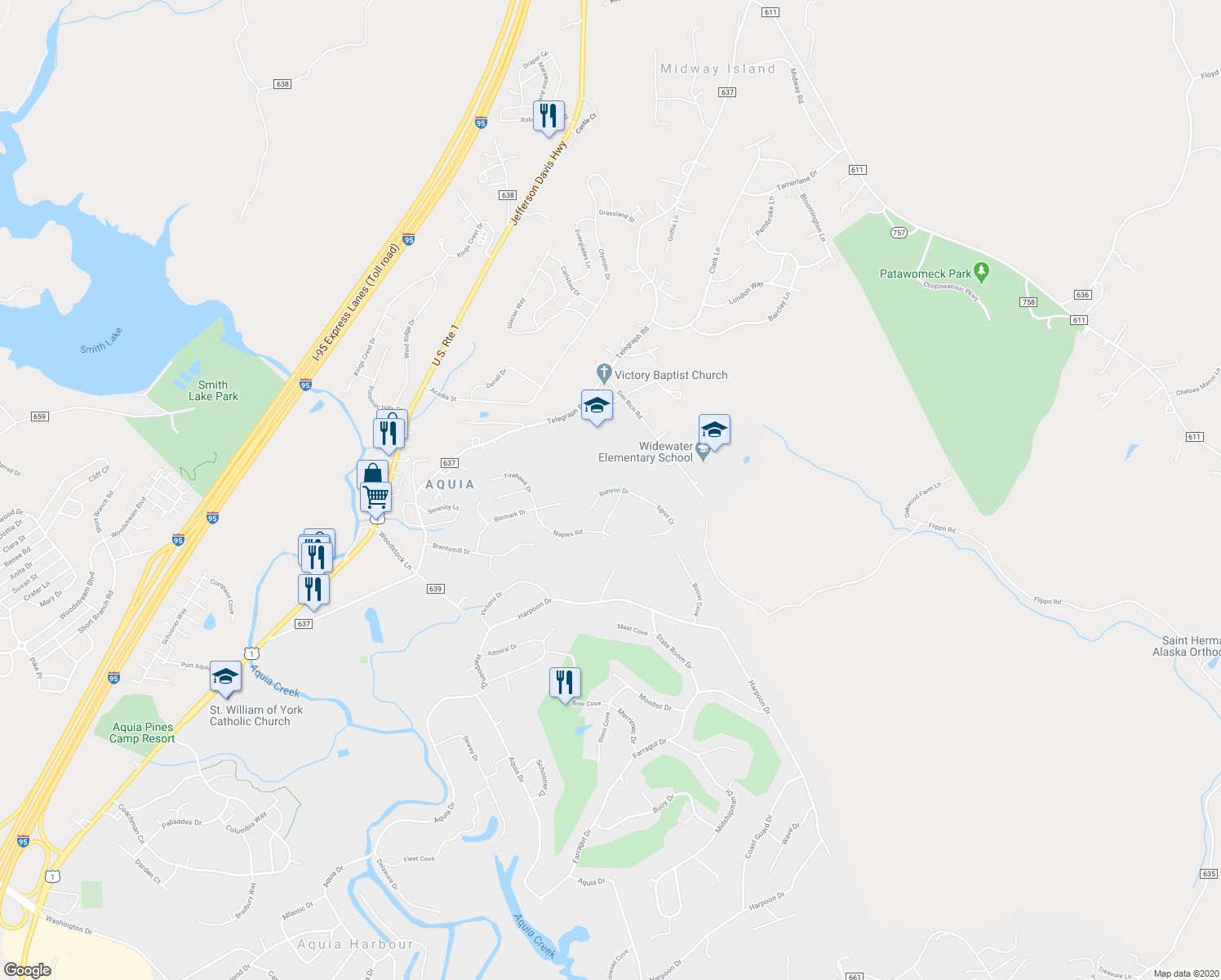 map of restaurants, bars, coffee shops, grocery stores, and more near 35 Runyon Drive in Stafford