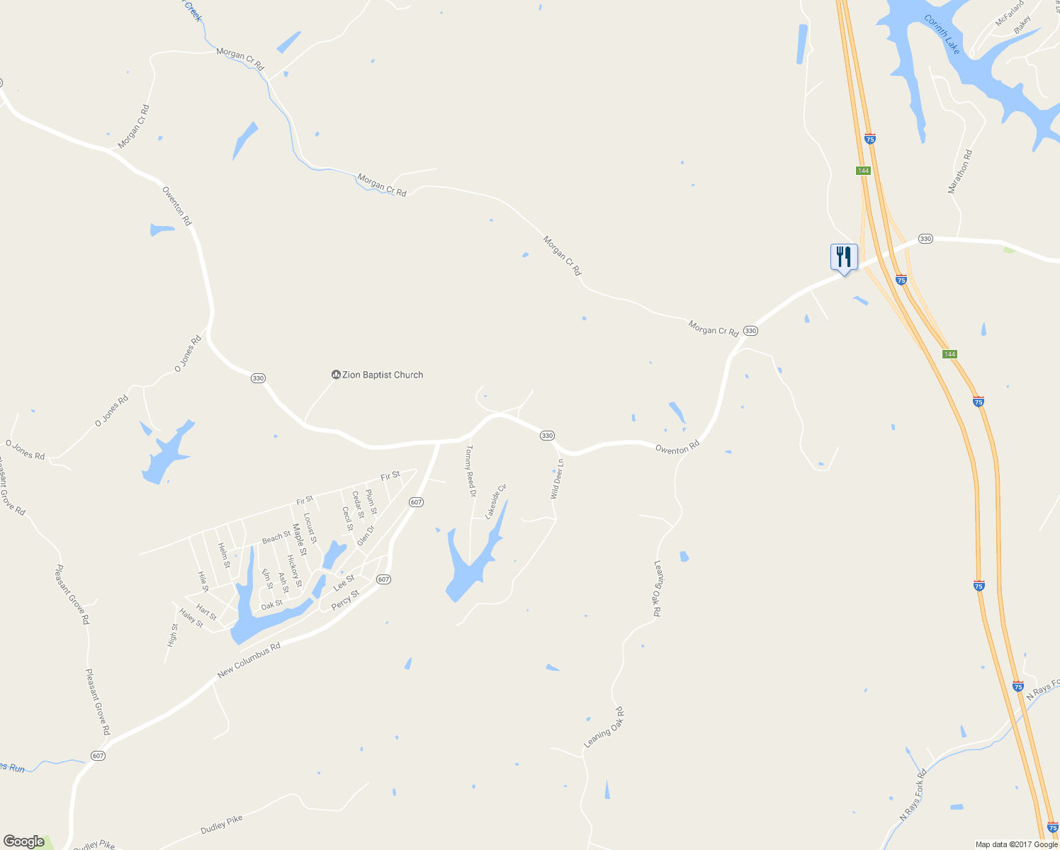 map of restaurants, bars, coffee shops, grocery stores, and more near Owenton Road in Corinth