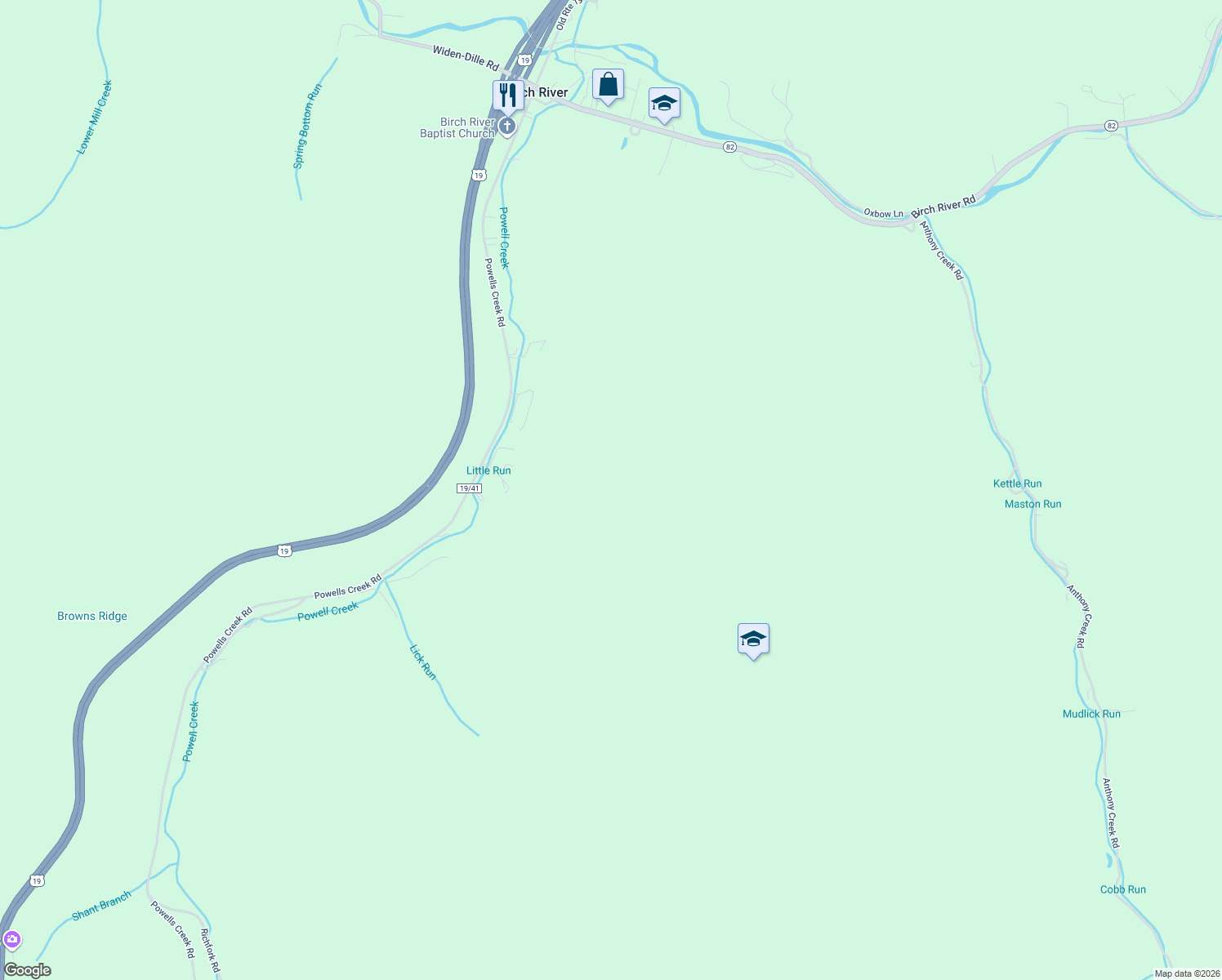 map of restaurants, bars, coffee shops, grocery stores, and more near in Birch River