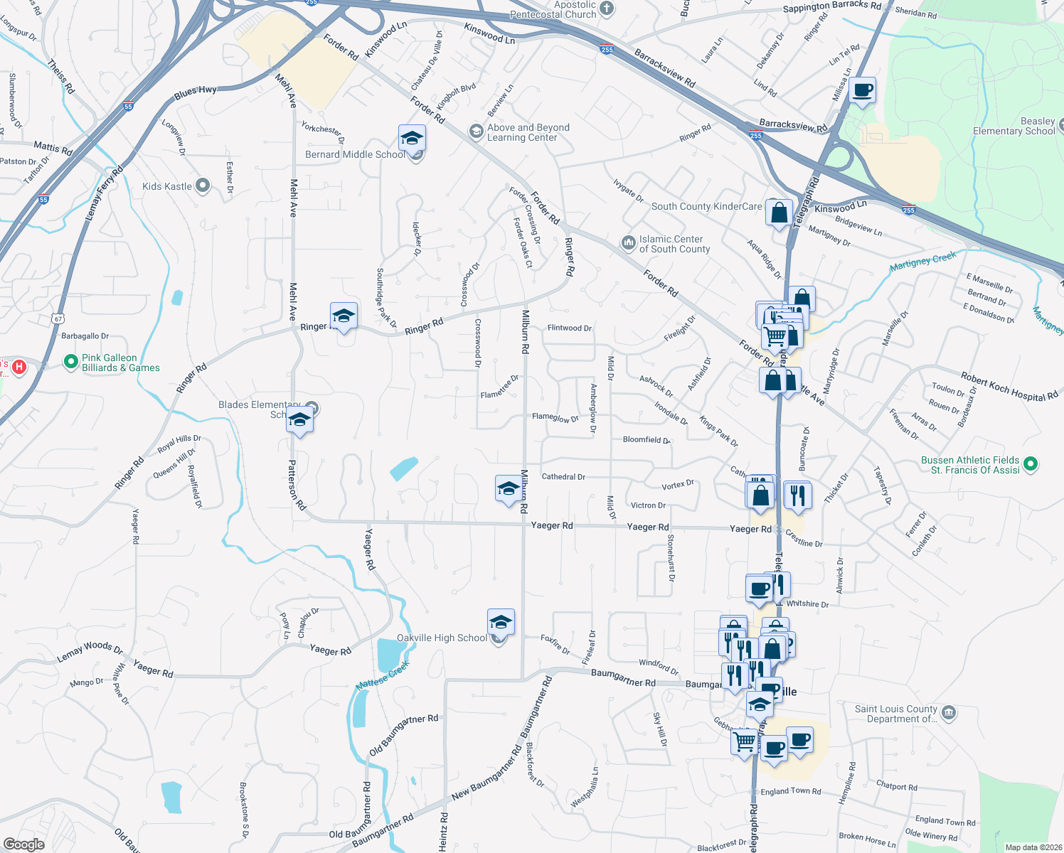 map of restaurants, bars, coffee shops, grocery stores, and more near 5232 Milburn Road in Saint Louis