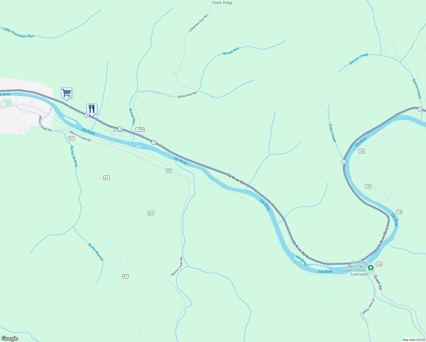 map of restaurants, bars, coffee shops, grocery stores, and more near 11186 Elk River Rd N in Clendenin