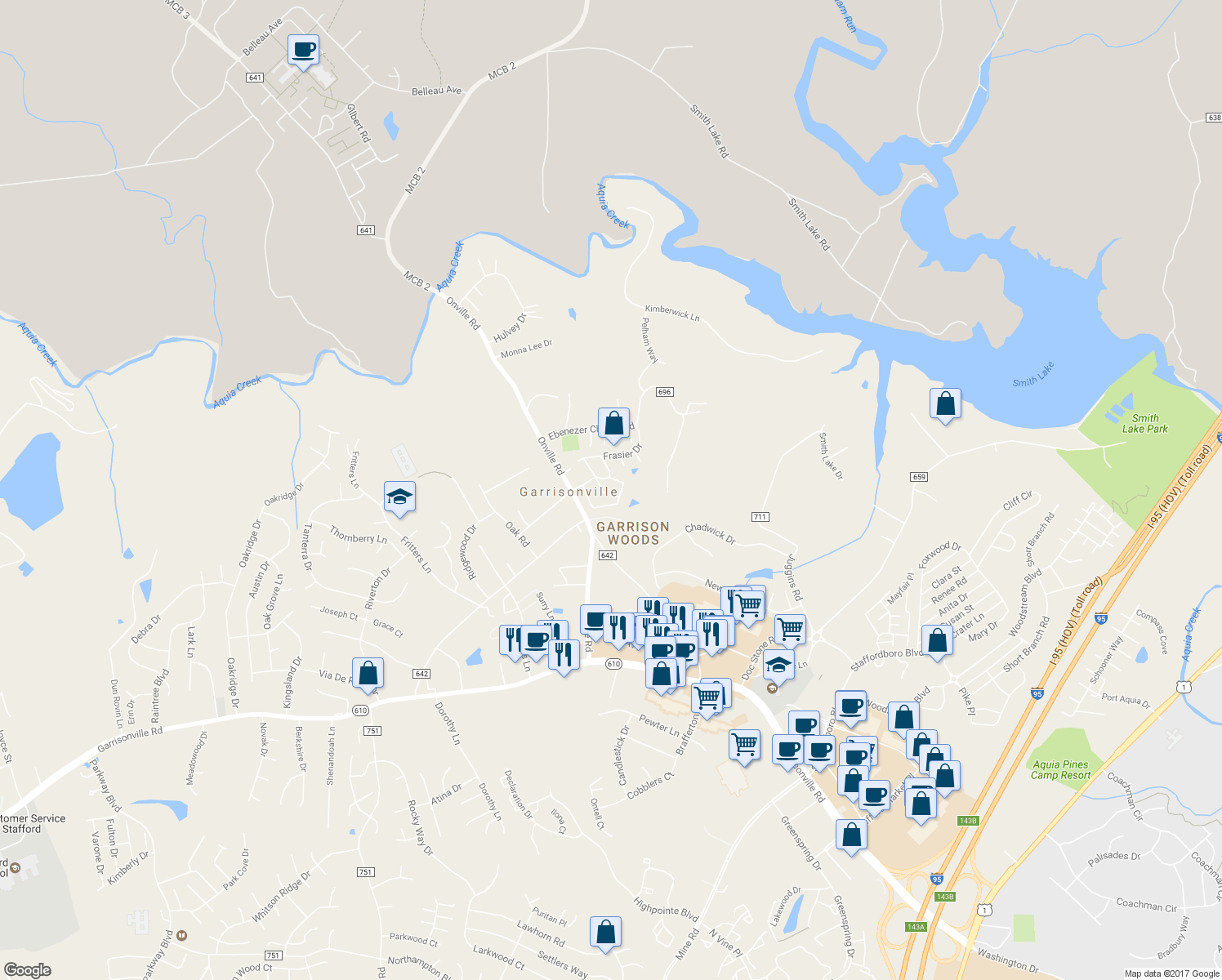 map of restaurants, bars, coffee shops, grocery stores, and more near 205 Paris Lane in Stafford
